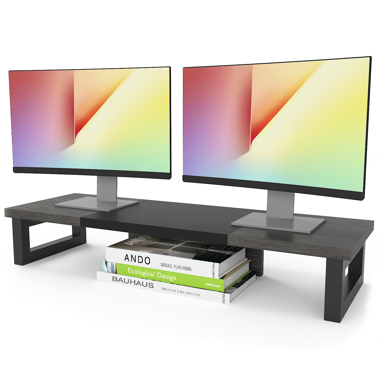 Premium WESTREE Dual Monitor Stand Riser - Sturdy Wood & Steel Construction - Ergonomic Computer Monitor Stand for 2 Screens - Multi-Functional Desktop Organizer for Computer, Laptop, Printer & TV - Perfect for Home Office, Gaming Setup & Workspace Organization