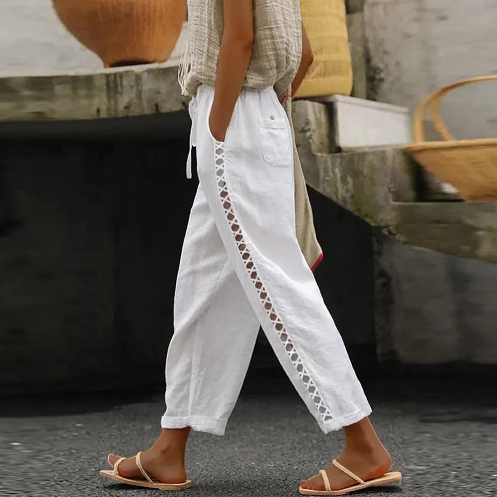 Women's High Waist Casual Pants with Drawstring - Side Cutout Wide Leg Cropped Capri Pants for Summer, Travel & Lounge Wear