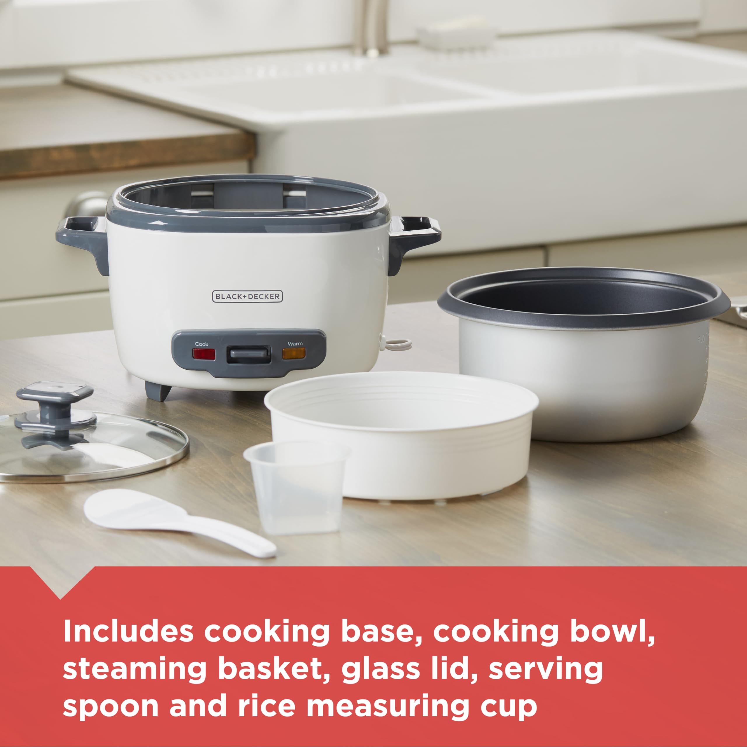 BLACK+DECKER 16-Cup (Cooked) / 8-Cup (Uncooked) Rice Cooker with Steaming Basket - Non-Stick Removable Bowl, One-Touch Operation & Keep Warm Function - Perfect for Family Dinners, Meal Prep & Asian Cuisine