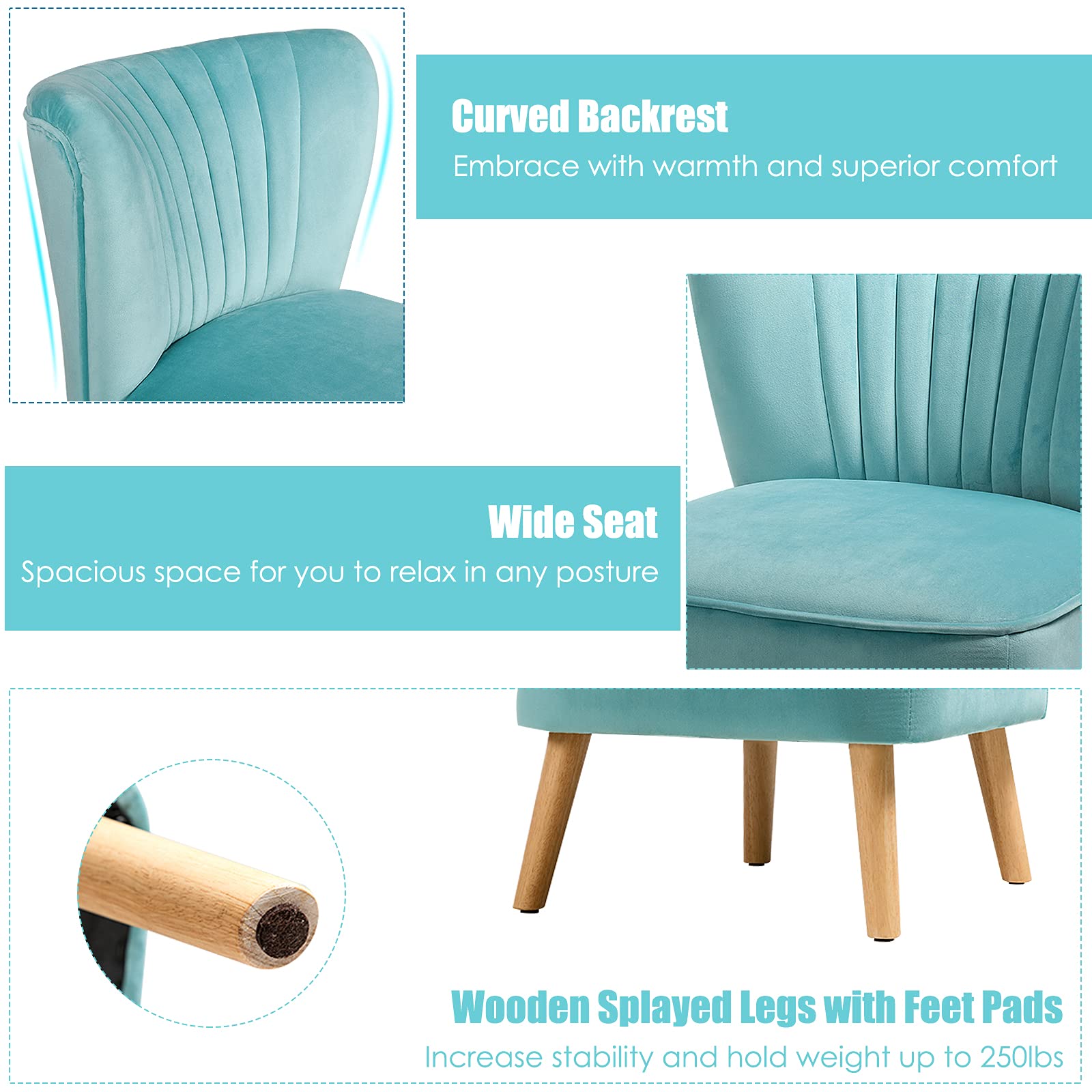 Velvet Modern Armless Accent Chair with Rubber Wood Legs & Thick Sponge Seat - Upholstered Wingback Sofa Chair for Living Room, Bedroom & Office - Turquoise Blue Leisure Chair for Reading Nook, Lounge & Small Spaces