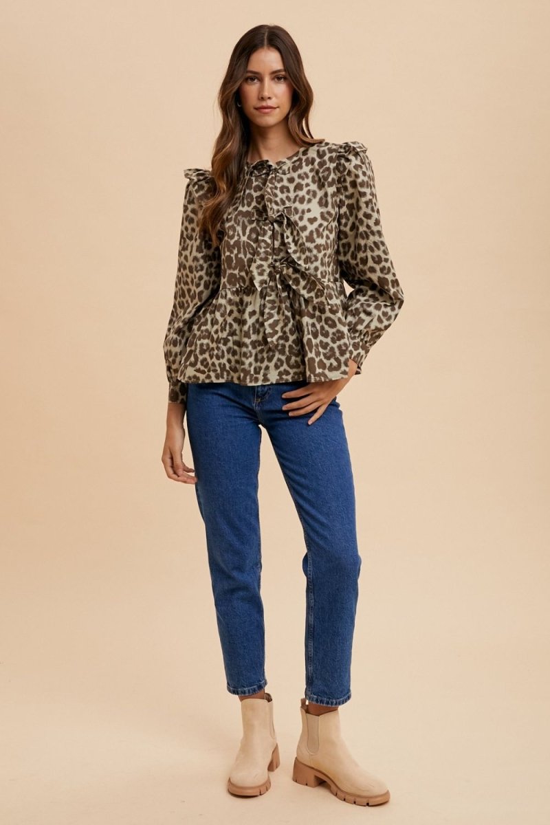 Annie Wear Stylish Leopard Print Peplum Blouse - Round Neck Tied Top for Women | Perfect for Office Wear, Date Night & Casual Outings