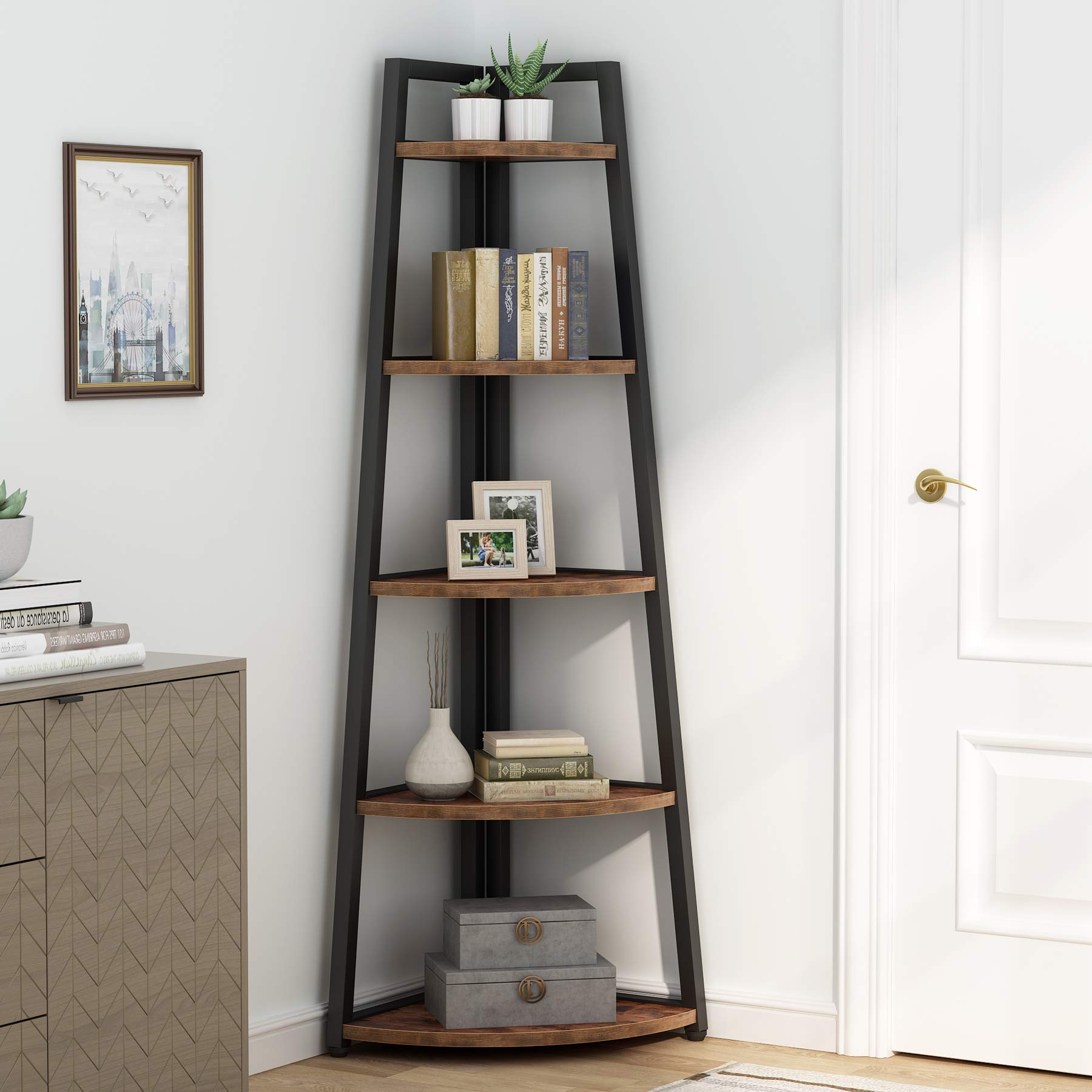 Rustic 5-Tier 70-Inch Tall Corner Bookshelf - Industrial Small Bookcase & Plant Stand for Living Room, Kitchen, Home Office | Space-Saving Furniture for Small Spaces (Rustic Brown) | Perfect for Displaying Books, Plants & Home Decor