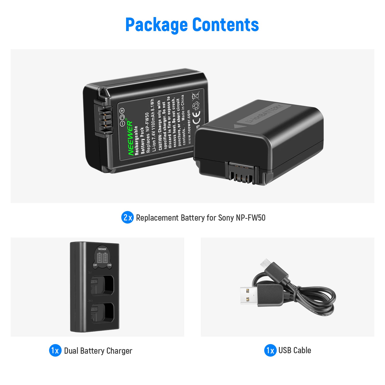 NEEWER 2 Pack NP-FW50 Replacement Battery and Dual USB Charger for Sony A7 III A7R III A6400 Cameras - Perfect for Travel Photography & Vlogging