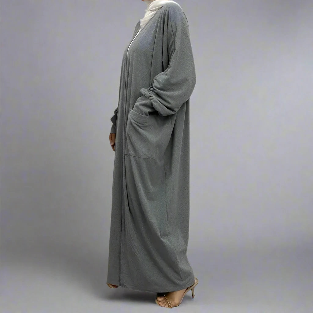 Muslim Women's Cotton Open Abaya Dress with Pockets - Winter & Fall Modest Cardigan for Prayer, Home & Outdoor Wear