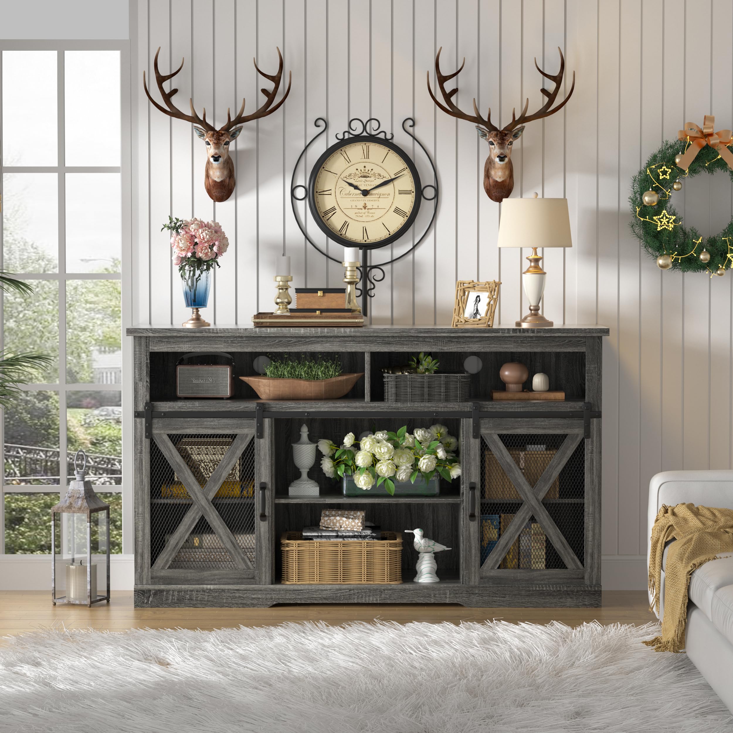 Farmhouse TV Stand for 65 Inch TV - Rustic Entertainment Center with Sliding Barn Doors, Storage Cabinet for Living Room & Bedroom - Grey - Perfect for Cozy Home Decor & Media Organization