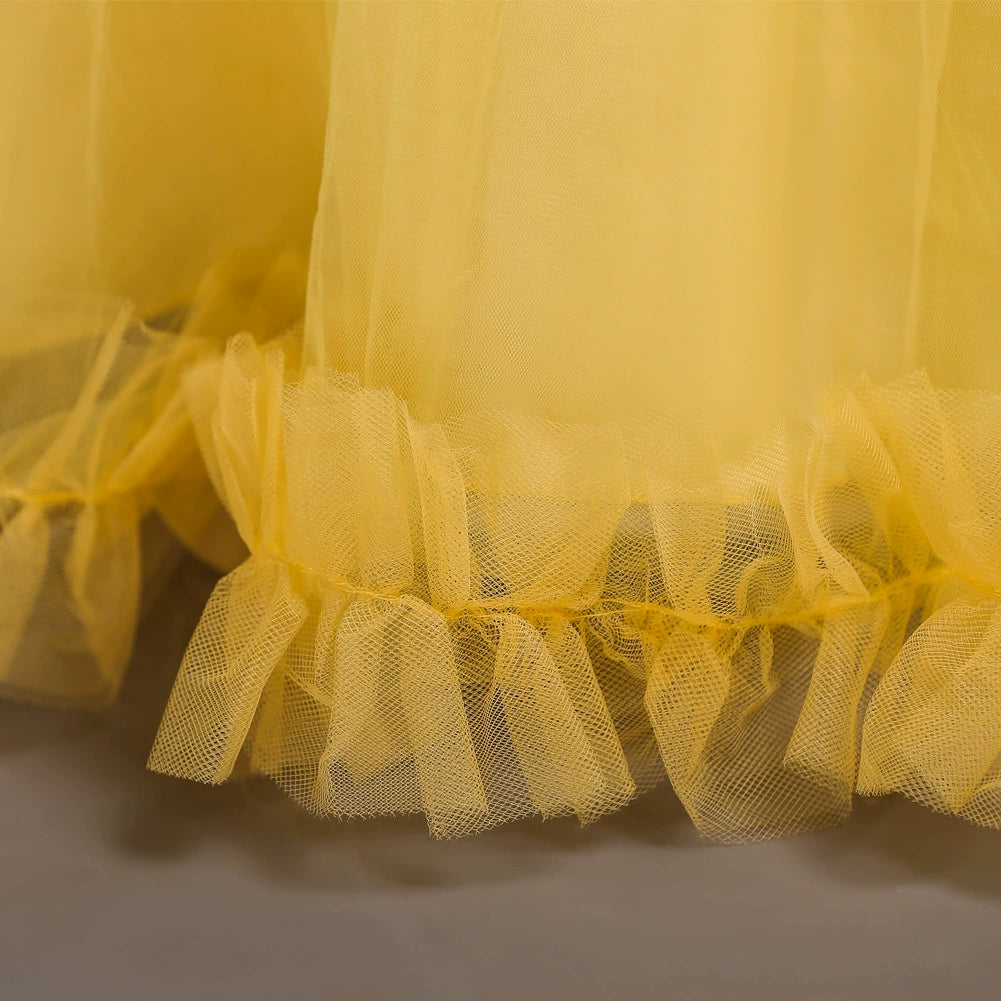 Elegant Yellow A-Line Round Floor-Length Lace Flower Girl Dress for Weddings, Baptisms & Special Occasions