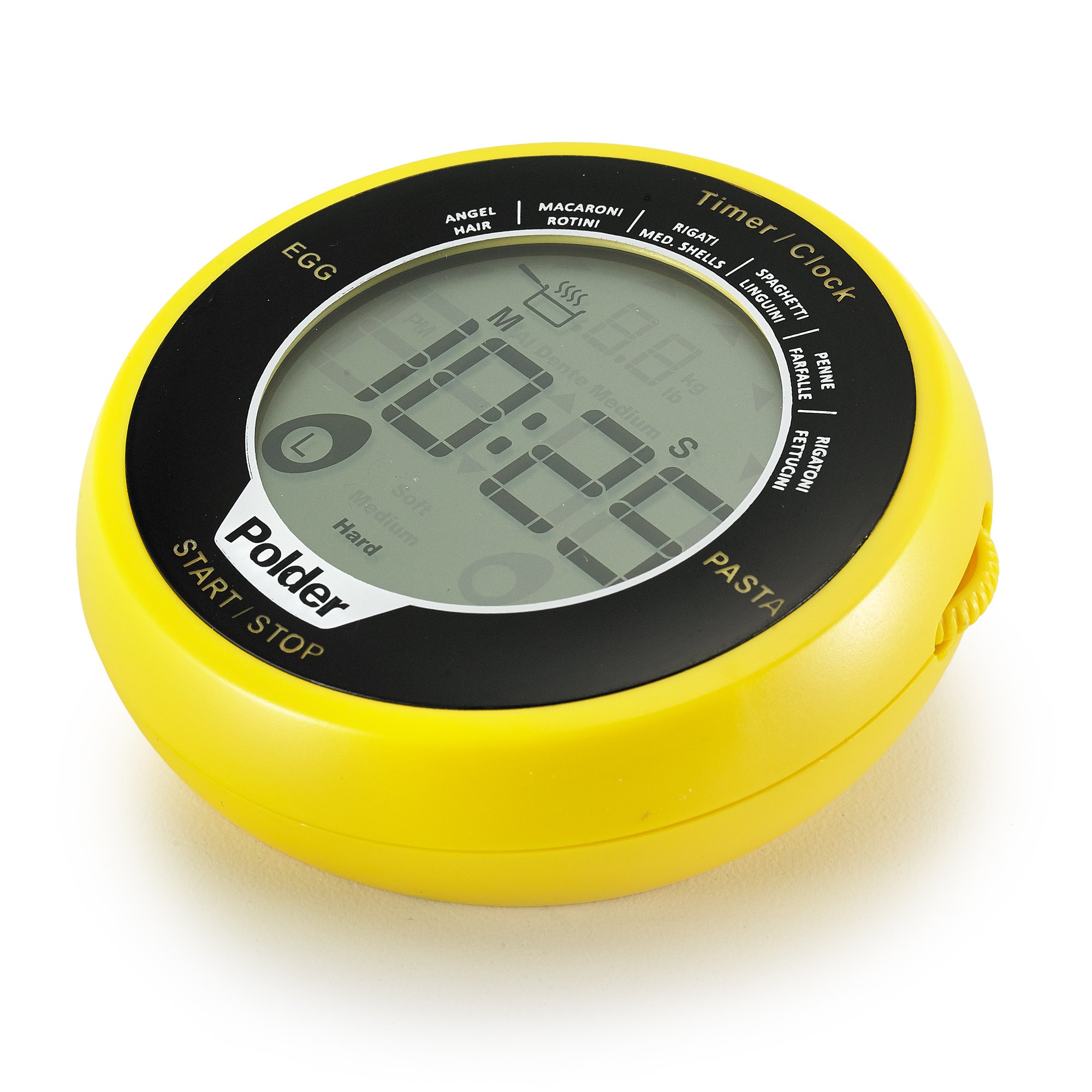 Polder Digital Egg and Pasta Timer with Preset Times & Built-in Clock - Yellow Kitchen Timer for Cooking, Baking, and Meal Prep - Perfect for Eggs, Pasta, Baking, and More