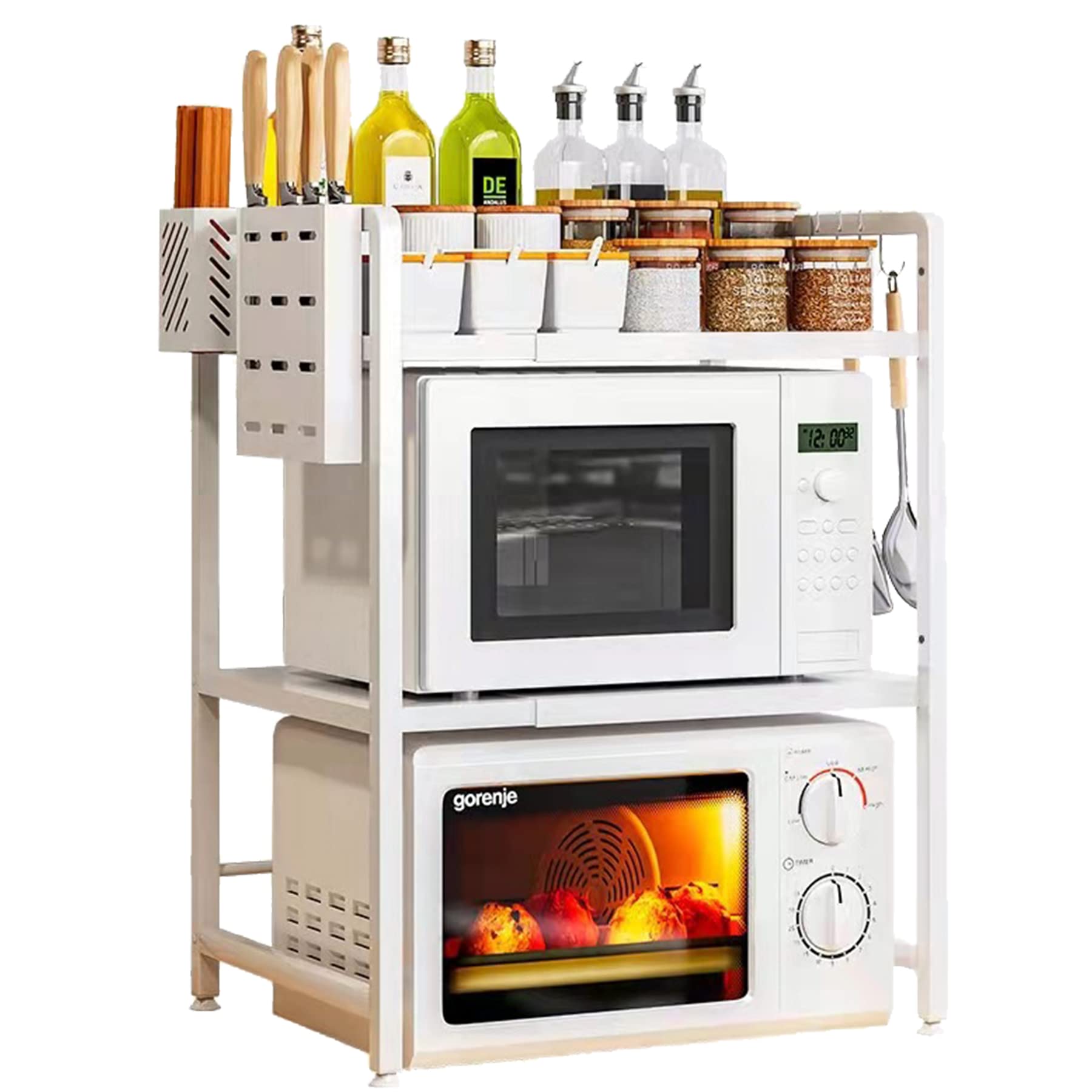 MoonlyTree Adjustable Metal Kitchen Storage Rack - White Baker's Shelf with 3 S-Hooks, Microwave Stand & Utensil Organizer for Spices, Knives, Cutting Boards | Perfect for Small Kitchens, Pantry Organization & Countertop Storage Solutions