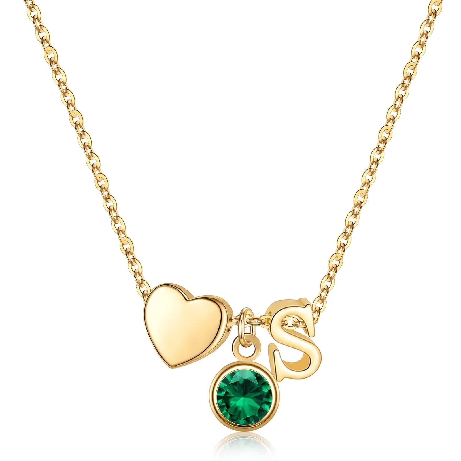 14K Gold Plated Heart Initial Birthstone Necklace for Women & Girls - Personalized Name Pendant with Birthstone, Family Birthstone Necklace, Unique Birthday Gift for Her | Perfect for Mother's Day, Anniversary, Valentine's Day Gifts