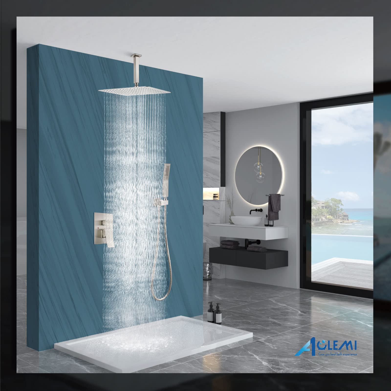 **Aolemi 16 Inch Ceiling Mount Rain Shower System - High Pressure Shower Head with Handheld Spray, Brushed Nickel Finish - Includes Rough-in Valve & Trim Kit - Perfect for Modern Bathroom & Spa-Like Experience**