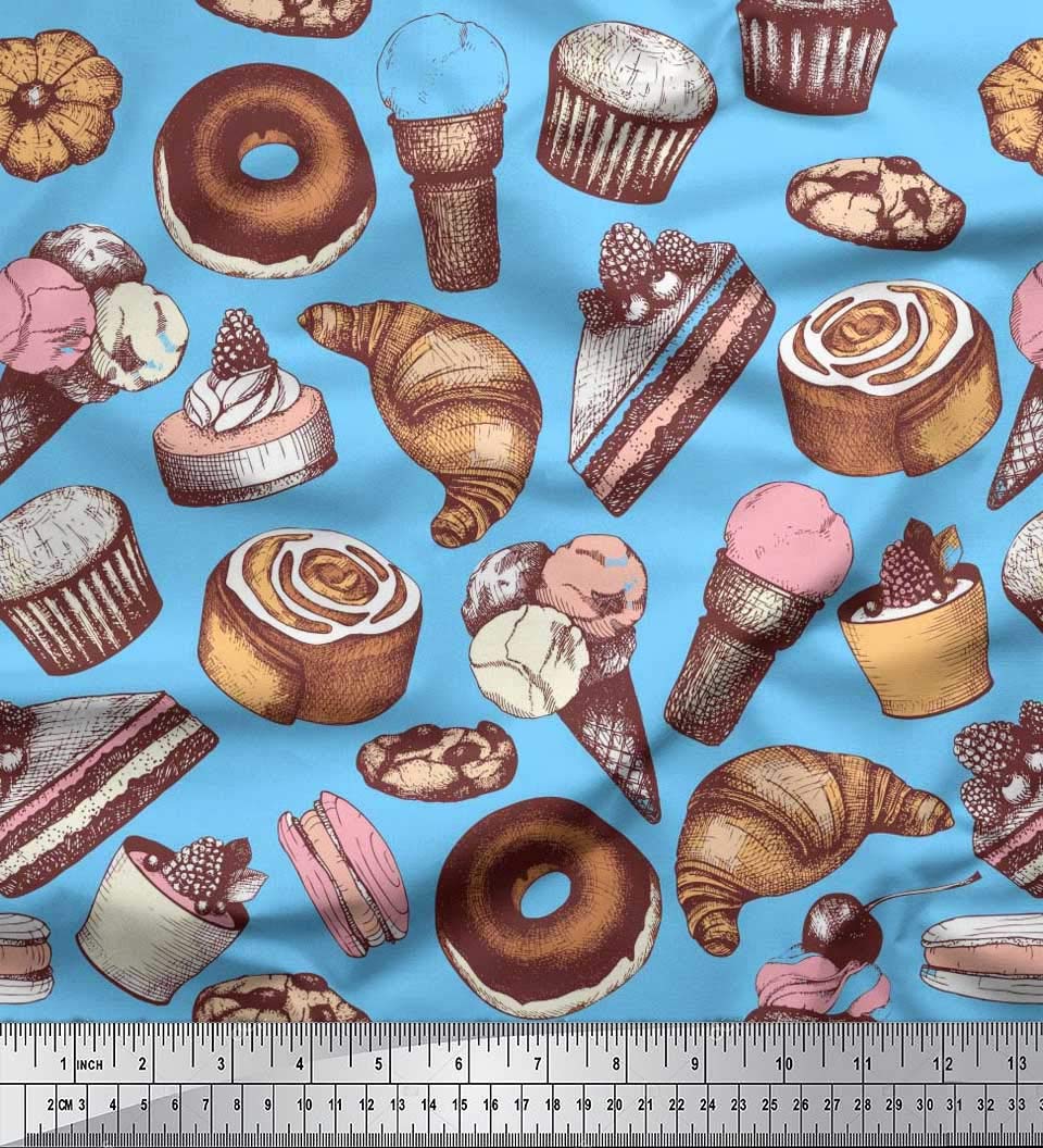 Soimoi Cotton Voile Blue Fabric by The Yard - 56 Inch Wide Cupcake Donut Cookies Print - Whimsical Food Pattern Material for DIY Crafts, Quilting, Dressmaking & Home Decor Projects
