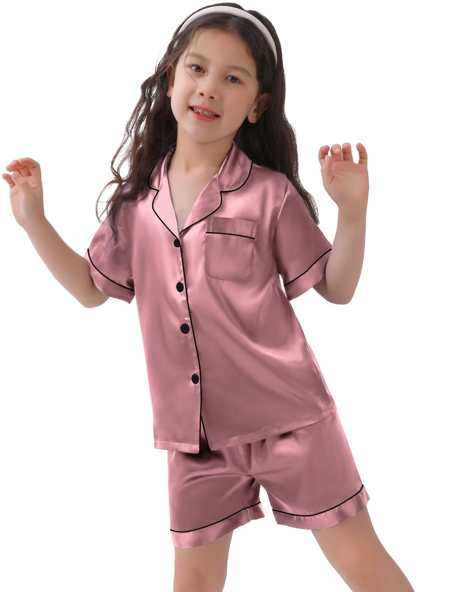 SWOMOG Kids Satin Pajama Set for Girls & Boys - Soft Button-Down Short Sleeve Silk Pjs, 2-Piece Comfortable Nightwear & Lounge Outfit - Perfect for Sleepovers, Bedtime & Relaxing at Home