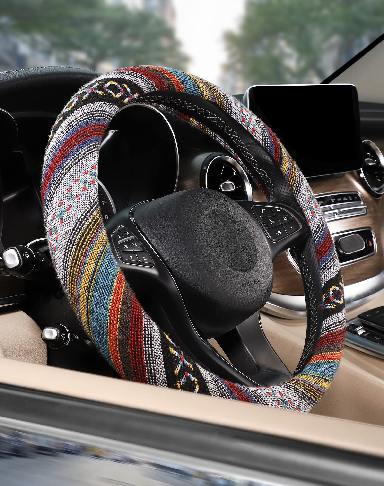 Boho Steering Wheel Cover - Ethnic Style Coarse Flax Car Wheel Cover with Baja Blanket Cloth, Fits 14.5-15.25 Inch Steering Wheels - Perfect for Vintage Cars, SUVs & Road Trips
