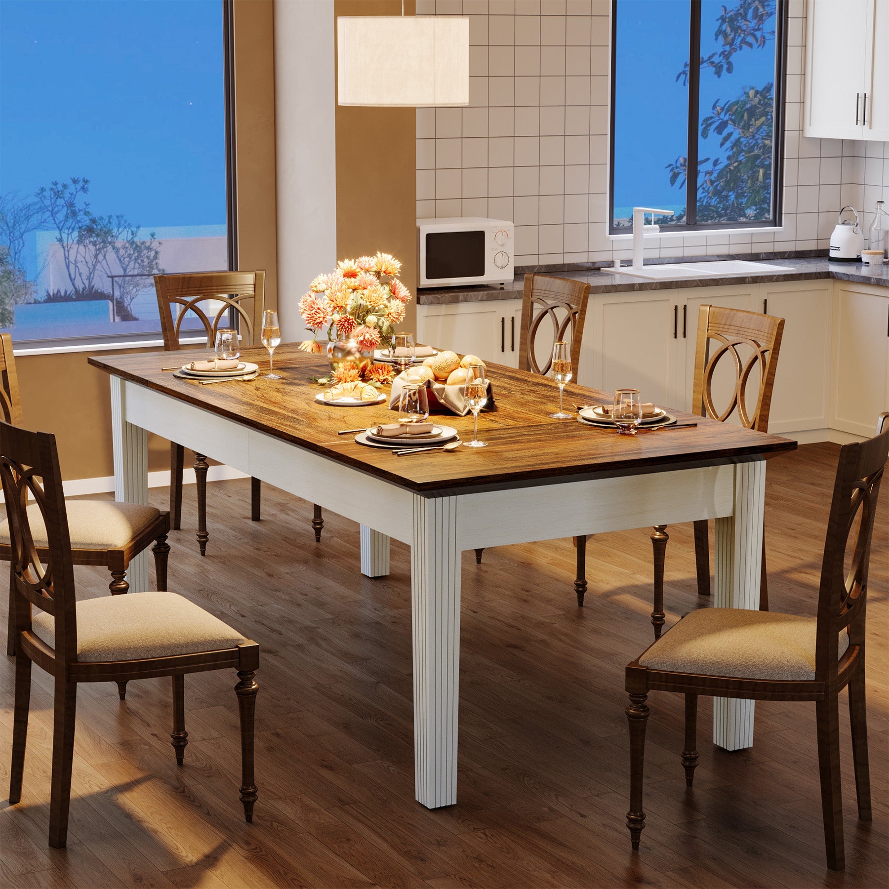 62 Inch Farmhouse Dining Table - Solid Wood Rectangular Kitchen Table for 4-6 People | Perfect for Family Meals, Dinner Parties & Farmhouse Style Decor