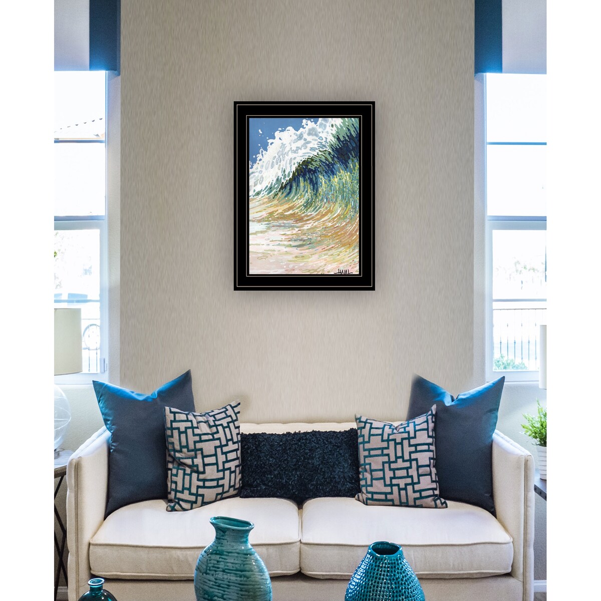 Big Wave Ocean Art Print by Artisan Margaret Juul - Framed Ready to Hang Wall Decor in Blue, White, Green & Gray - Perfect for Beach House, Living Room or Office Wall Art