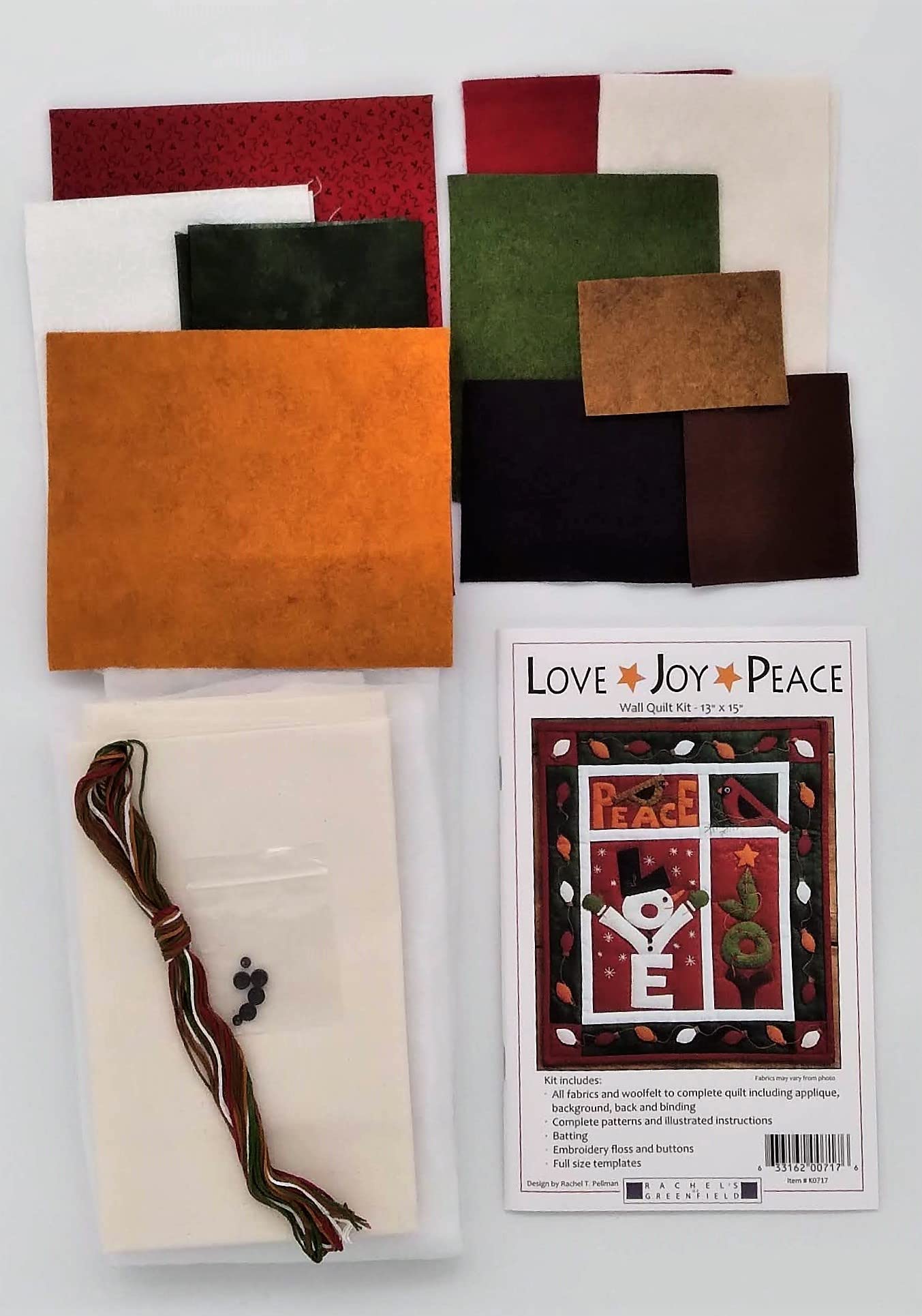 Rachel's of Greenfield Love Joy Peace Wall Quilt Kit - 13x15 Inch Precut Beginner Quilting Kit for Wall Hanging, Home Decor & Seasonal Display - Perfect for Christmas, Bedroom & Living Room Decoration
