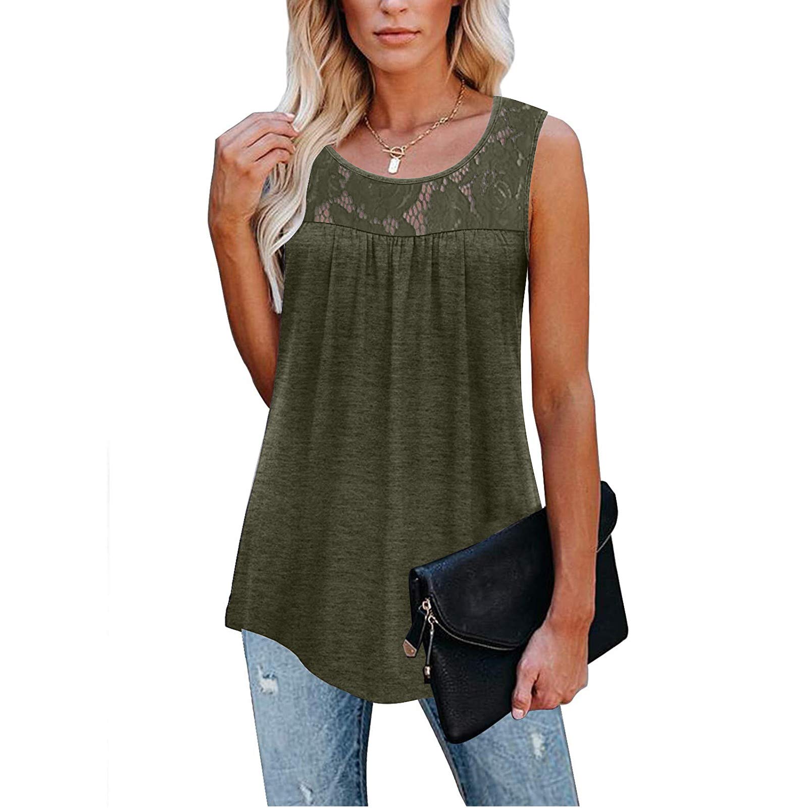 Plus Size Floral Tank Tops for Women - V Neck Strappy Summer Tops, Sleeveless Loose Tunic Blouse in Army Green | Casual Wear, Beach Outfits & Summer Fashion