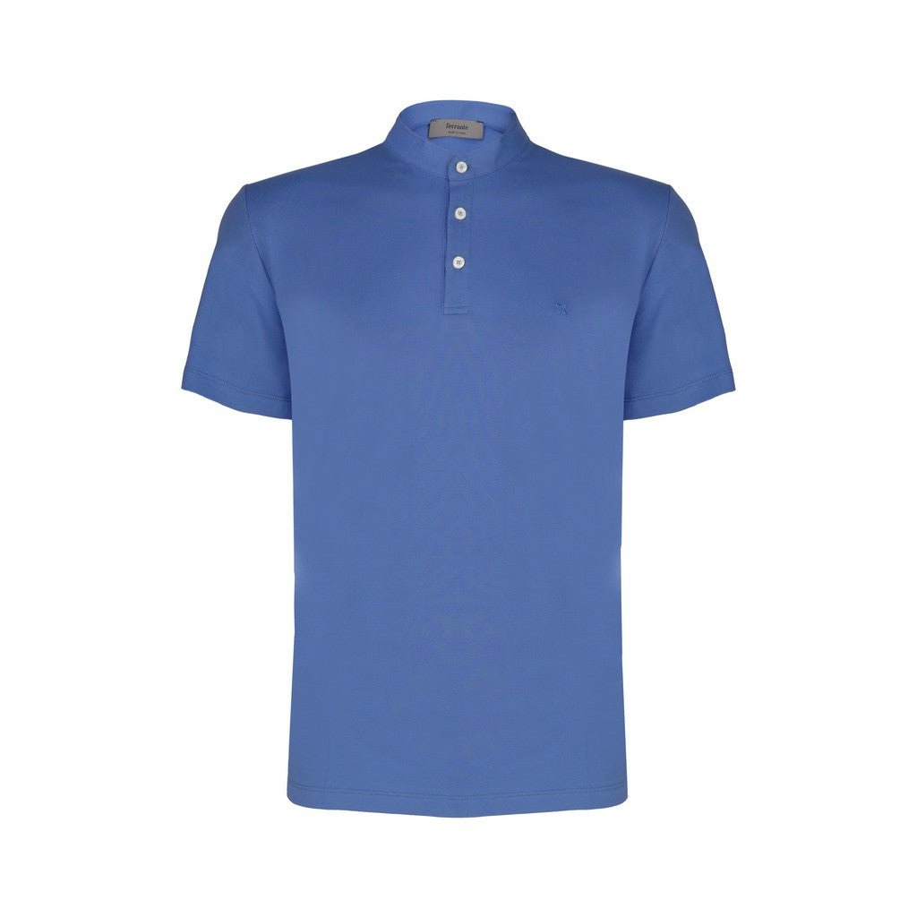FERRANTE Men's Button Front Short Sleeve Casual Shirt - Mid Blue Cotton Slim Fit Top for Summer, Office & Outdoor Activities