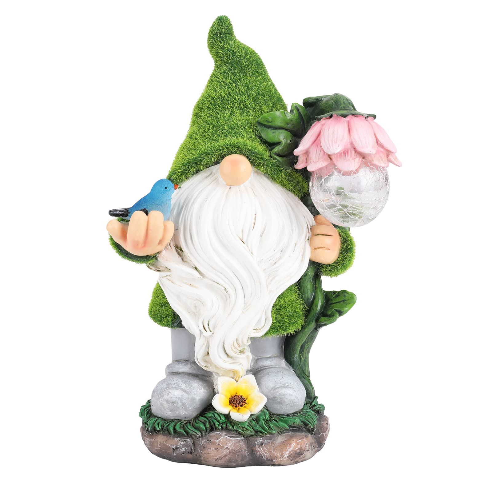 Funny Solar Garden Gnome Statue with Crackle Glass Globe Lights - Resin Gnome Figurine Holding Flowers for Outdoor Decor, Patio, Yard, Lawn & Porch | Perfect for Garden Parties, Halloween Decorations & Christmas Displays