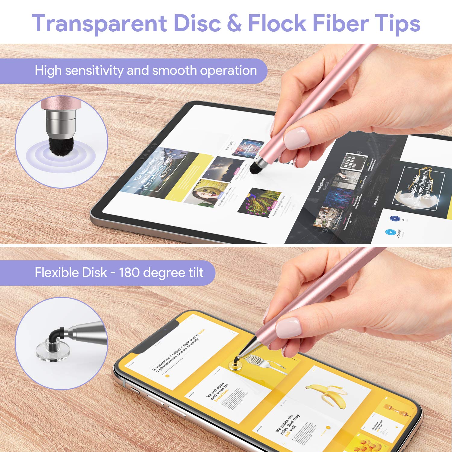 Premium Stylus Pen for iPad, iPhone, Android & Chromebook - Fine Tip with High Sensitivity Rubber Disc for Drawing, Writing & Note Taking - Perfect for Artists, Students & Professionals (Rose Gold)