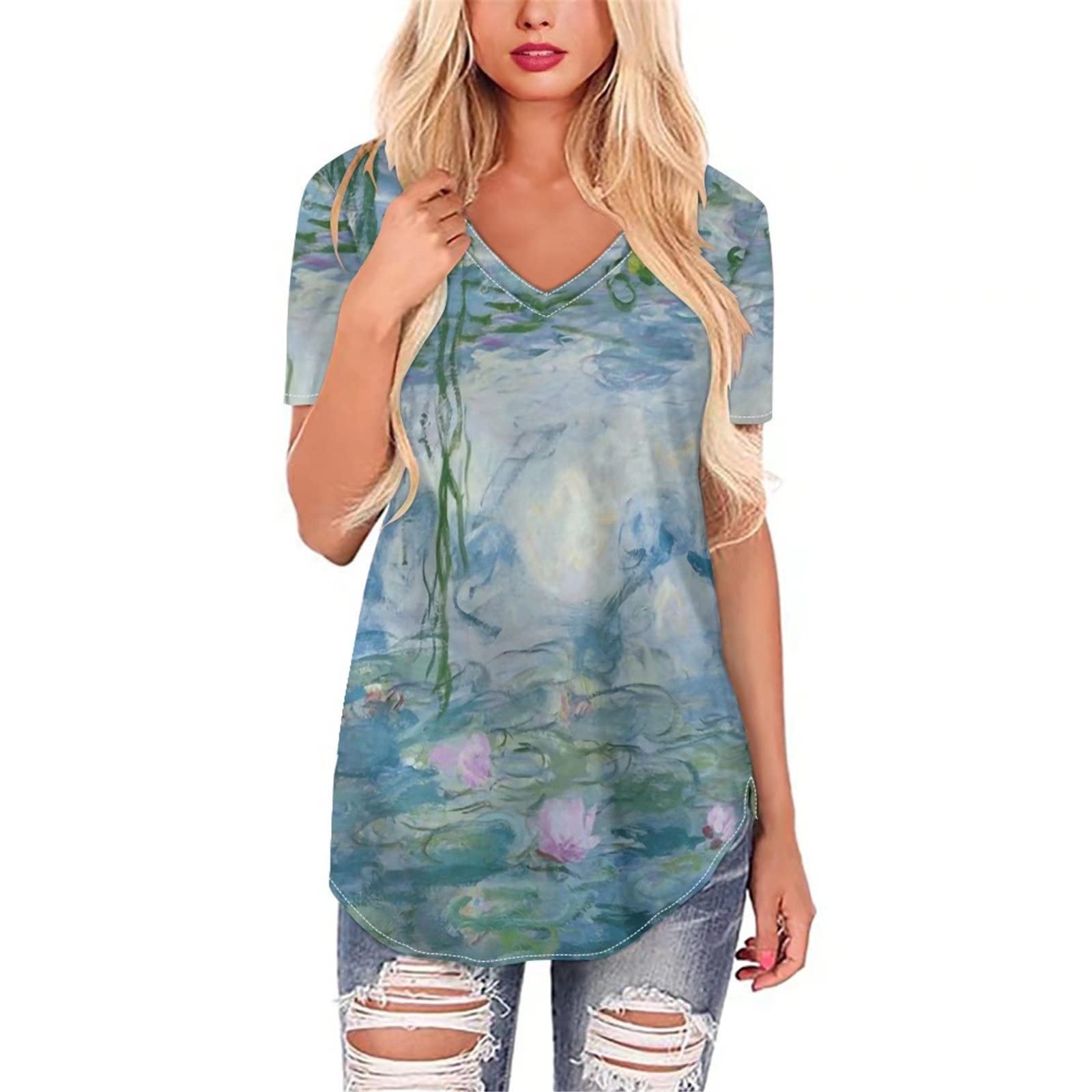 Xhuibop Women's V-Neck Short Sleeve Graphic T-Shirt - Casual Summer Tops for Women - Perfect for Beach, Vacation, and Everyday Wear