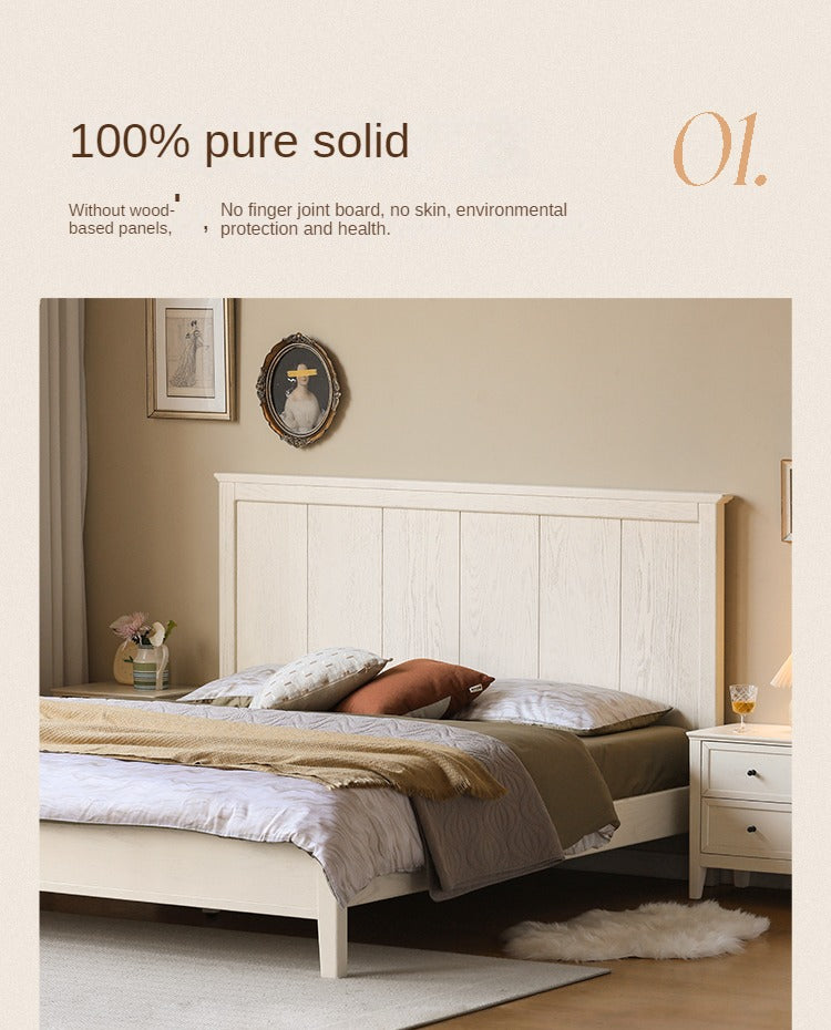 Solid Oak Wood High Headboard Full Size White Bed - American Style Bedroom Furniture for Master Bedroom & Guest Room Decor