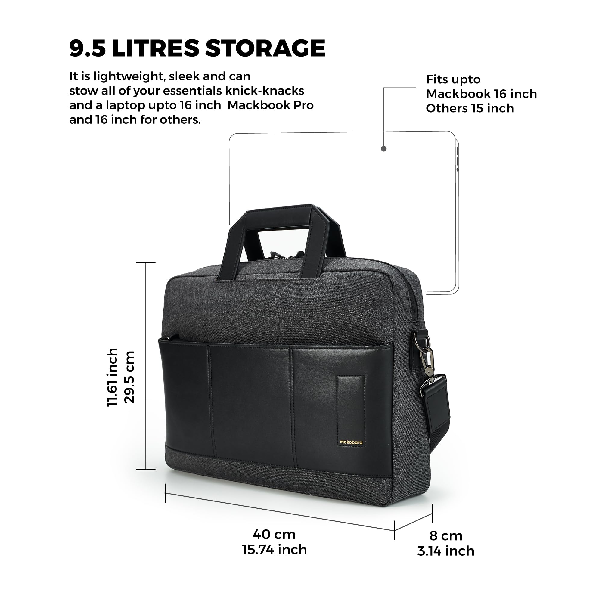 MOKOBARA Vegan Leather Water Resistant 15.6 Inch Laptop Crossbody Bag for Men & Women - 24L Capacity - Perfect for Work, Travel & Daily Commute (2022 Model)
