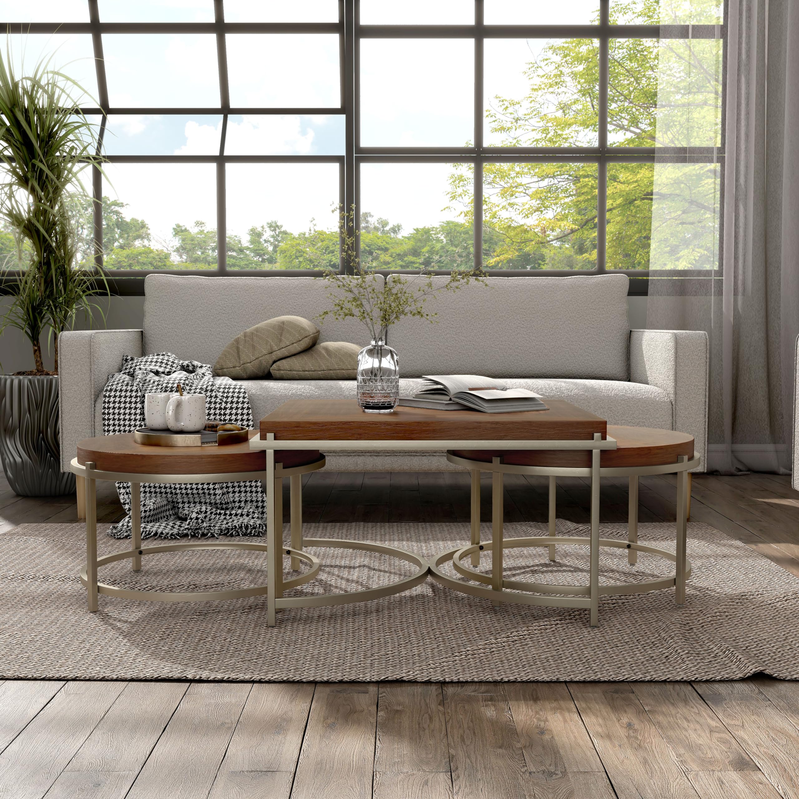 Orion Modern 3-Piece Nesting Coffee Table Set with Sturdy Golden Metal Base - Light Walnut Finish for Living Room, Office, Lounge & Bedroom | Space-Saving Design for Small Apartments & Home Decor