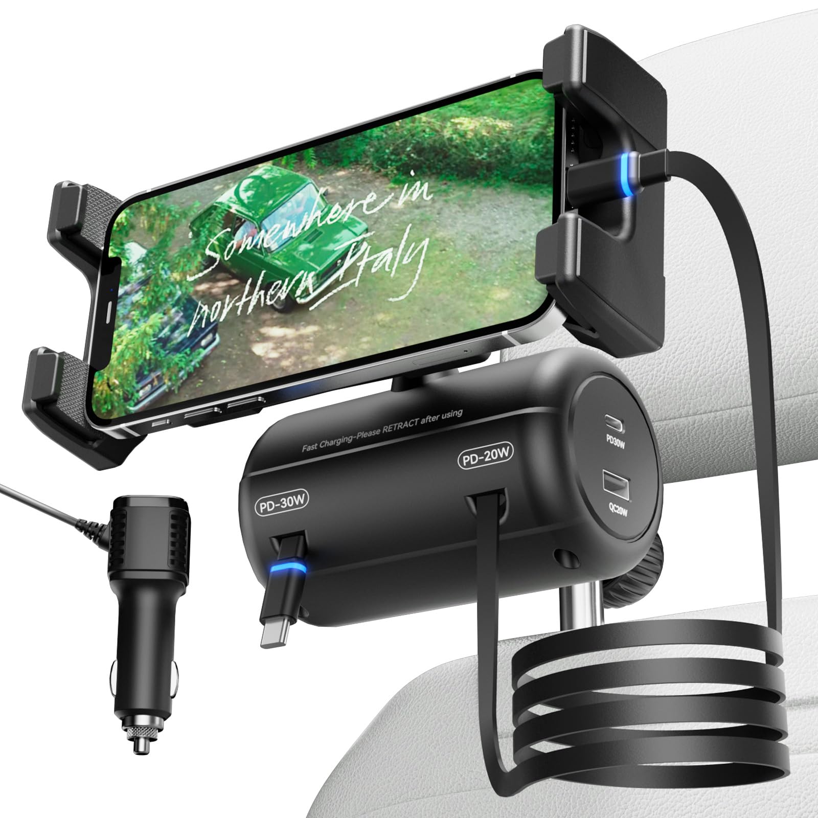 OHLPRO 6-in-1 Retractable Backseat Car Charger Station with Headrest Phone Mount - Dual USB-C PD/QC 40W Fast Charging for iPhone, Android - Perfect for Taxi, Uber, Rideshare & Family Road Trips