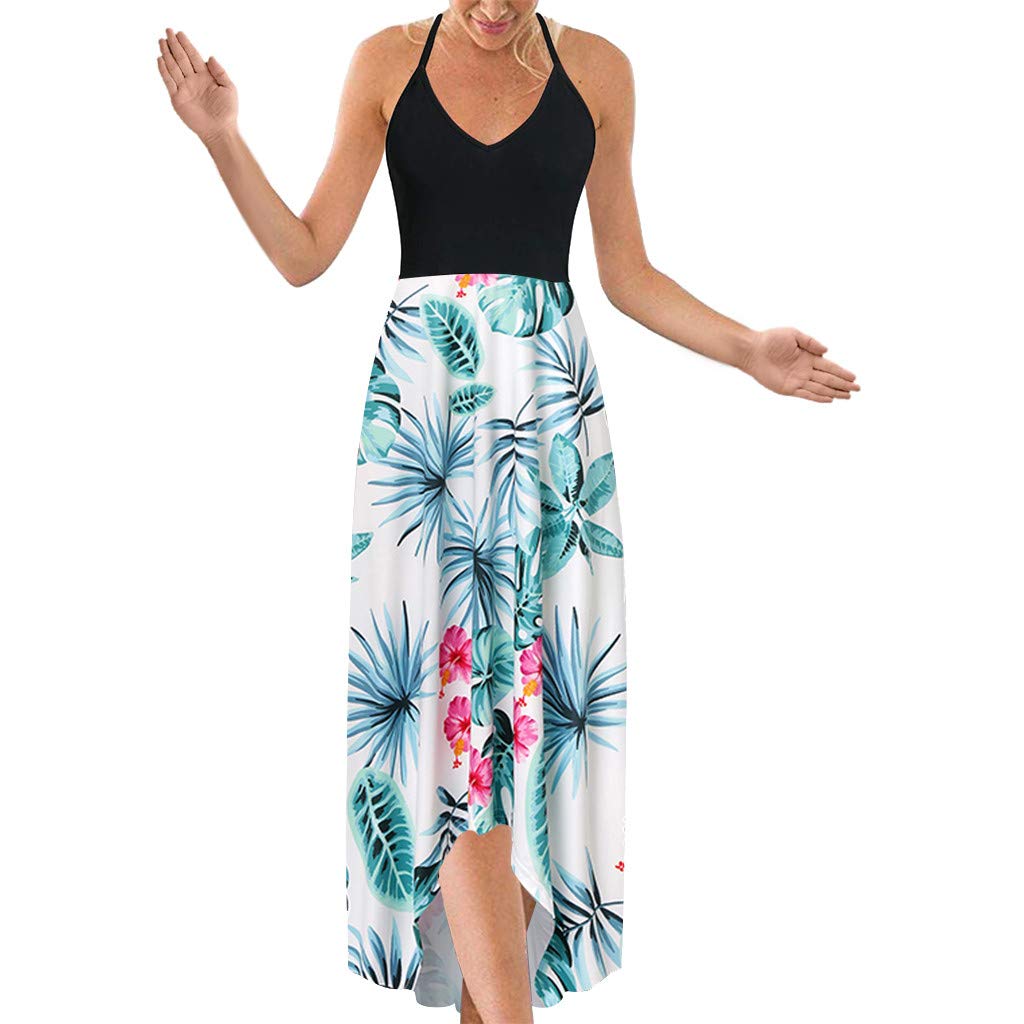 Women's Summer Maxi Dress - Casual V Neck Sleeveless Backless Asymmetrical Patchwork Floral Dress for Beach, Vacation & Outdoor Parties