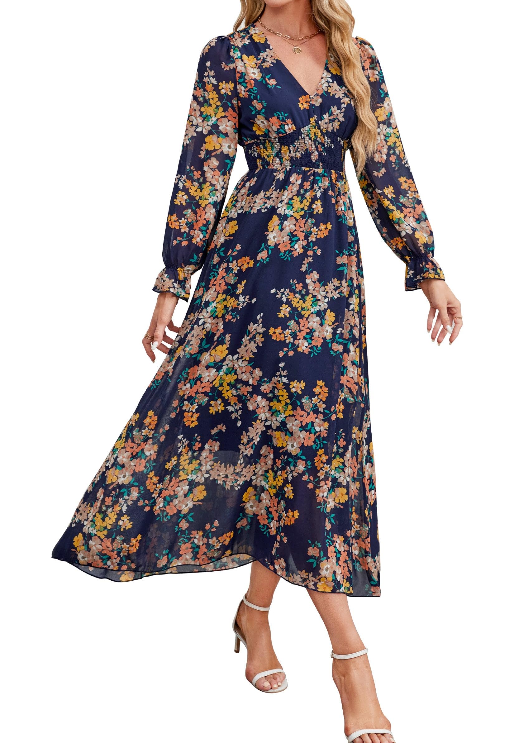 Floral Summer Maxi Dress for Women 2025 - Long Sleeve V-Neck Empire Waist Flowy Dress for Spring Wedding Guest, Beach Vacation & Special Occasions
