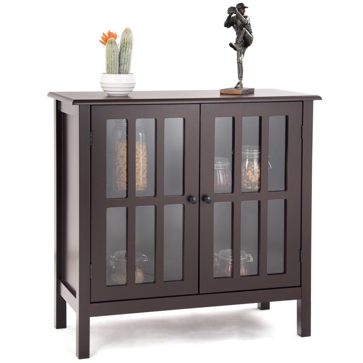 Brown Storage Buffet Cabinet with Glass Doors - Sideboard Console Table for Dining Room, Living Room Display & Storage - Perfect for Showcasing China, Glassware & Home Decor