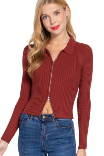 Notched Collar Zippered Sweater for Women - Stylish Knit Pullover with Front Zip & Lapel Design - Perfect for Fall Layering, Casual Outfits & Office Wear