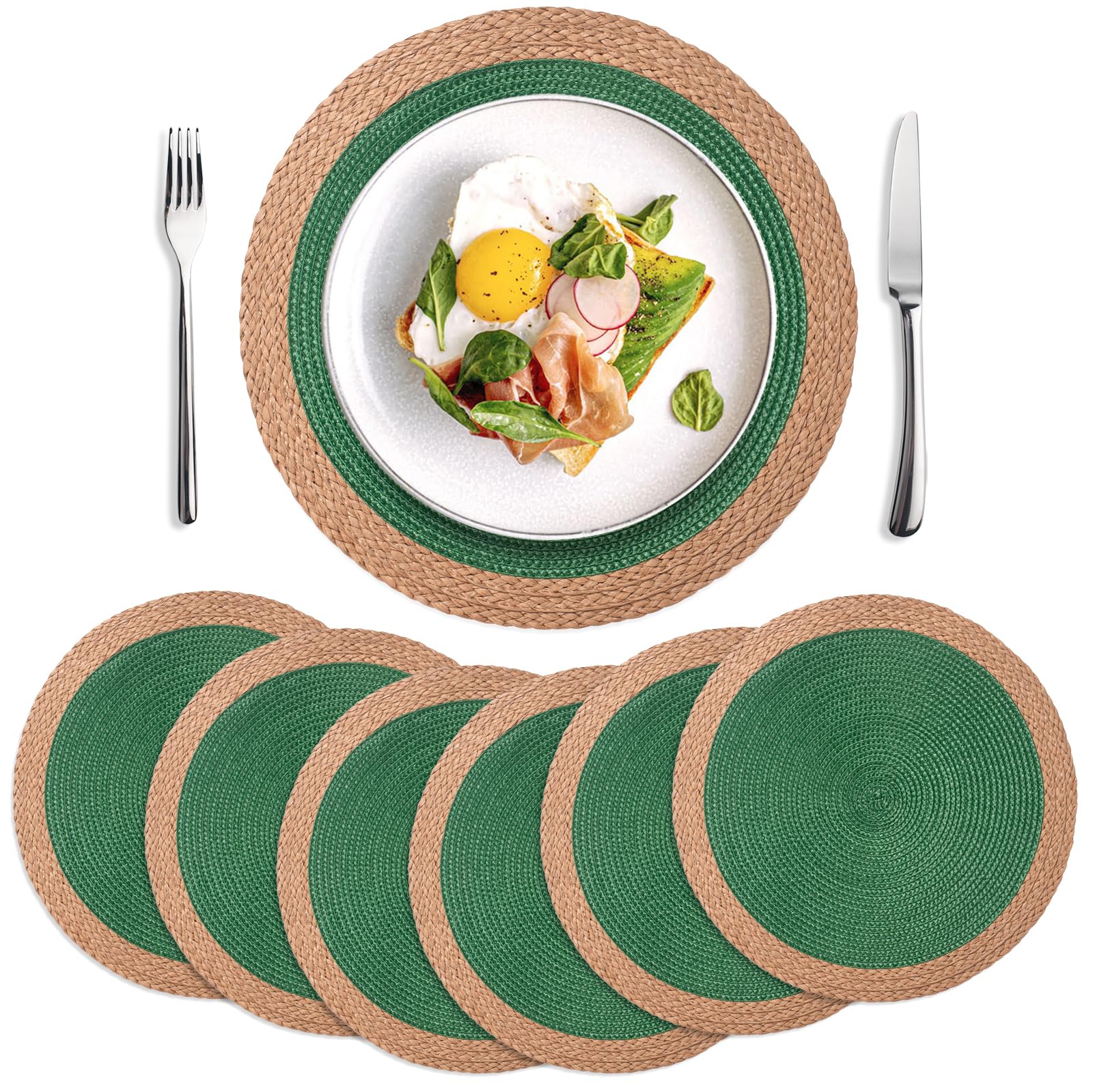 YANGQIHOME 13.8 Inch Round Placemats Set of 6 with Golden Table Runner - Waterproof & Heat Resistant Table Mats for Dining Table Decor - Perfect for Christmas, Thanksgiving, Party, Wedding & Everyday Use