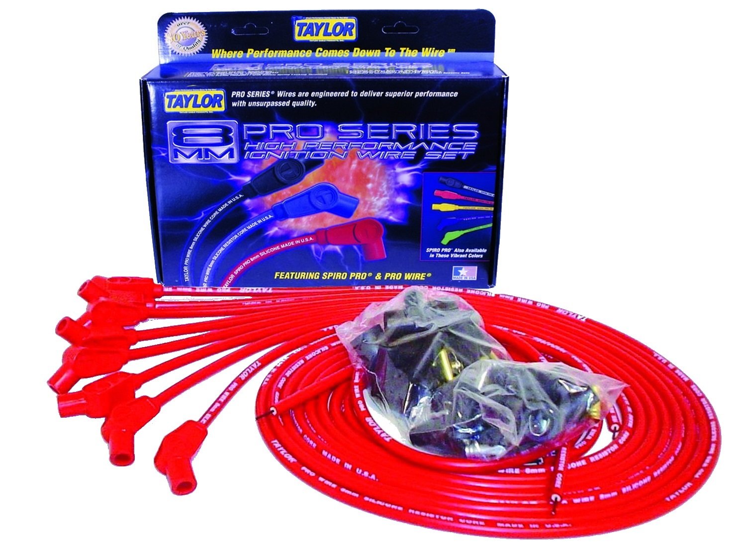 Taylor Cable 70253 8mm Pro Wire Red Spark Plug Wire Set - High Performance Ignition Wires for Cars, Trucks & SUVs - Perfect for Engine Upgrades & Tuning