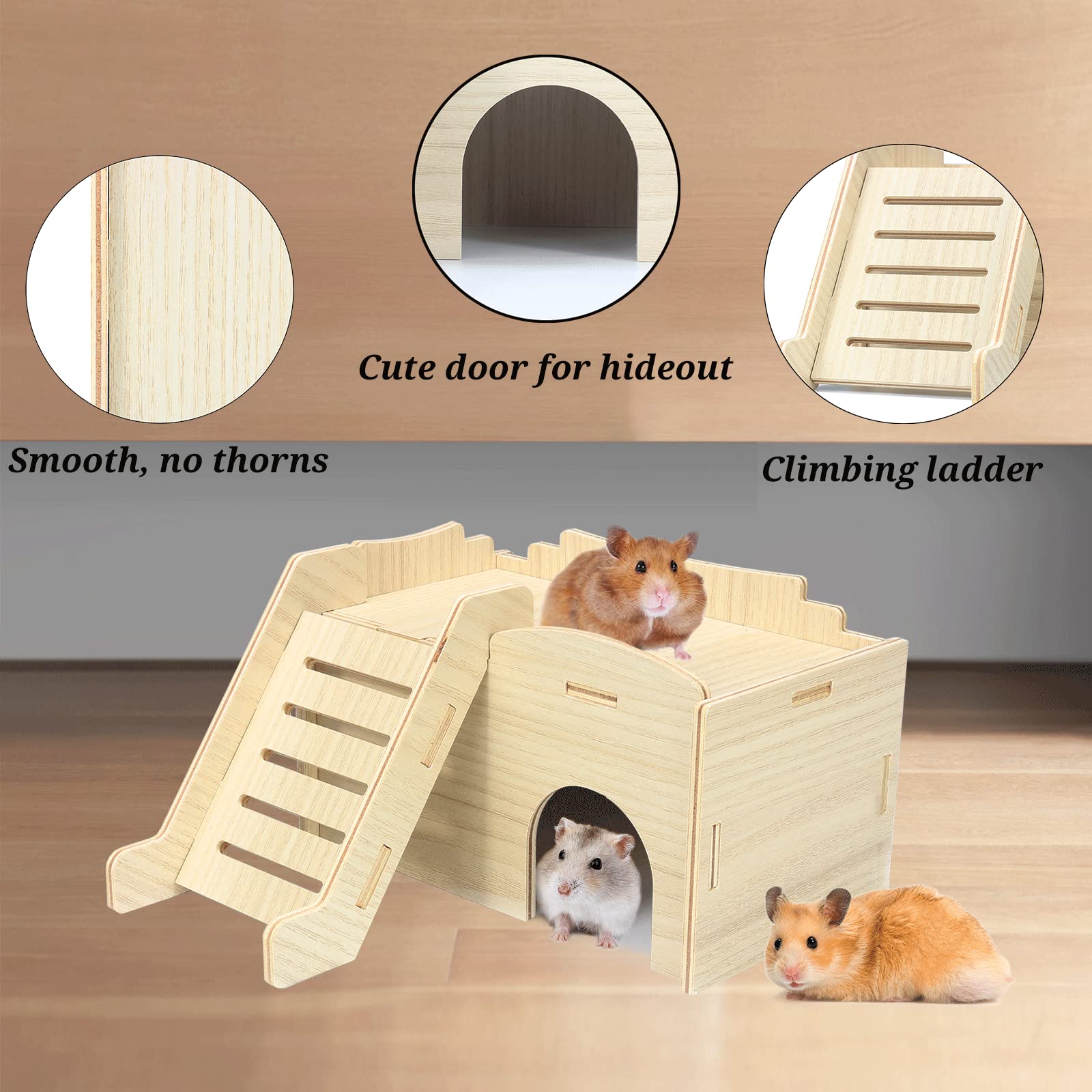 **Wooden Hamster Hideout House for Syrian & Dwarf Hamsters - Detachable Hut with Climbing Ladder & Window - Chew Toy & Playhouse for Gerbils & Small Pets - Perfect for Cage Enrichment & Stress Relief**