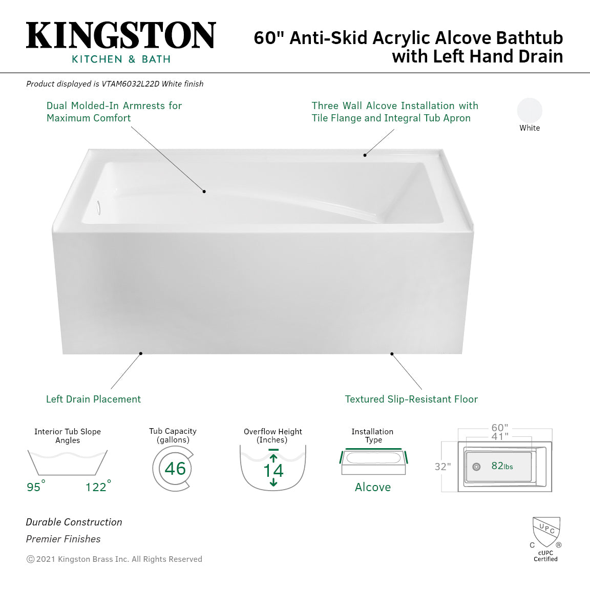 Aqua Eden 60 Inch Acrylic Rectangular 3-Wall Alcove Bathtub with Armrest & Anti-Skid Surface - Left Hand Drain, Glossy White - Perfect for Modern Bathrooms & Spa-Like Relaxation