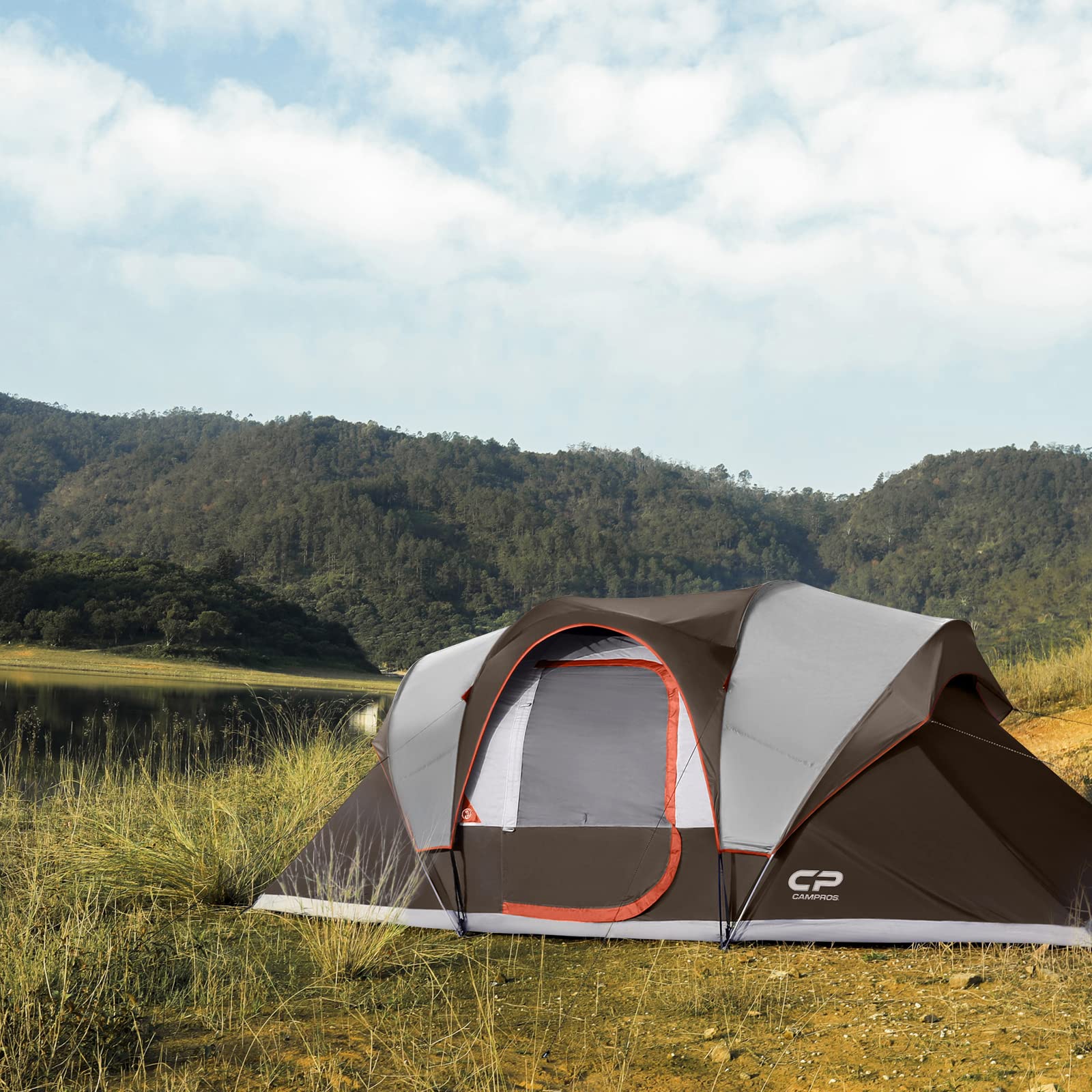 9 Person Camping Tent - CAMPROS CP 2 Room Waterproof Family Tent with Rainfly, 4 Large Mesh Windows & Carry Bag for Outdoor Adventures, Hiking, and Backpacking