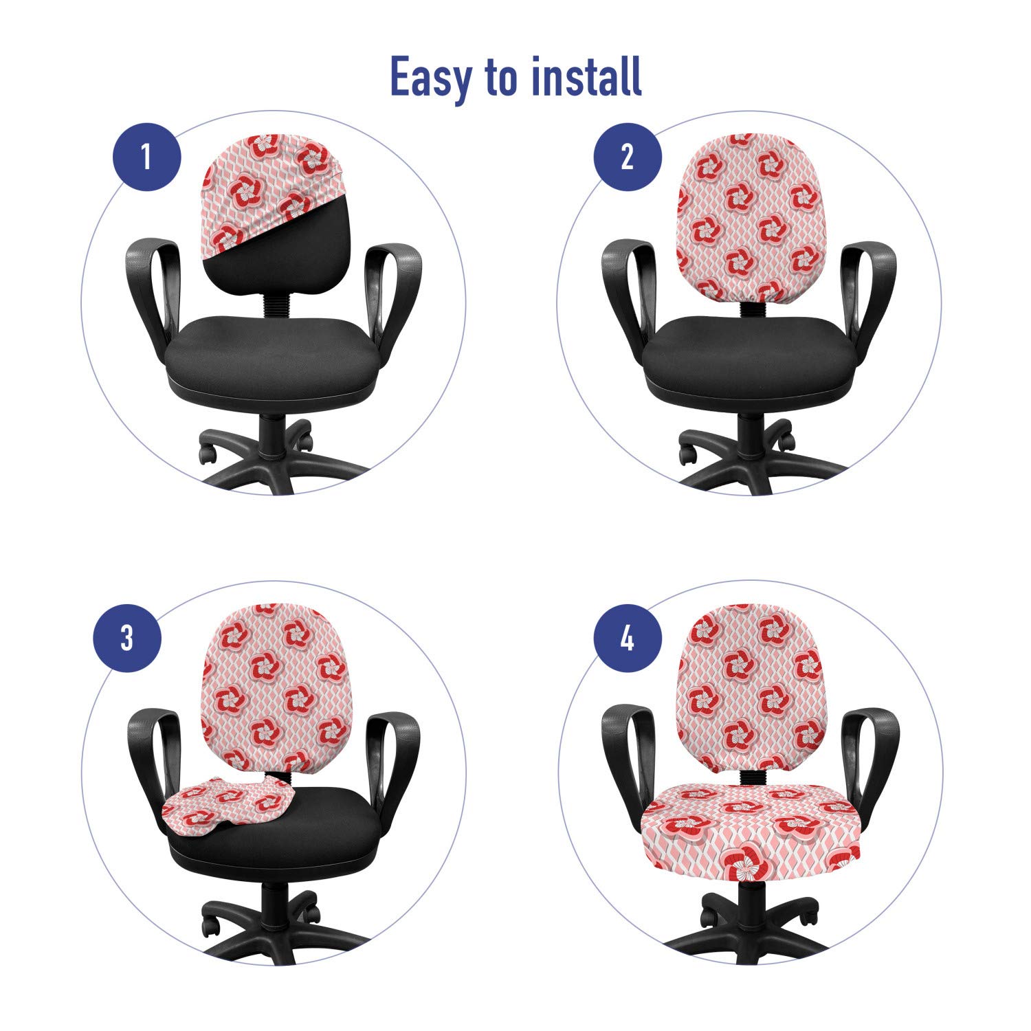 Ambesonne Floral Office Chair Slipcover - Abstract Romantic Spring Blossoms Design on Wavy Lines Lattice Backdrop - Stretchable Protective Fabric Cover in Rose Dark Coral White - Perfect for Home Office, Study Room & Workspace Decor