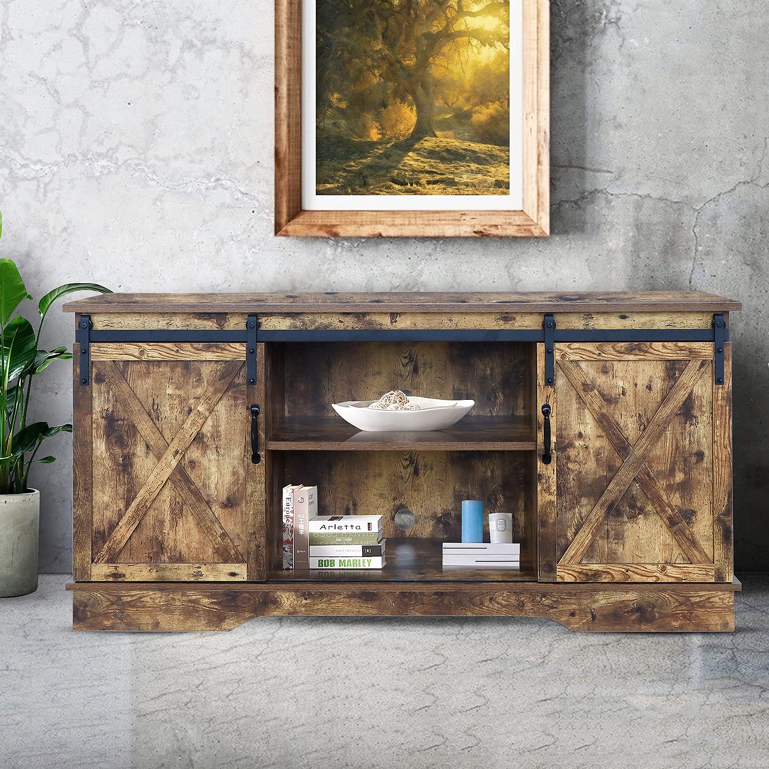 65 Inch Rustic Wood Farmhouse TV Stand with Sliding Barn Door - Perfect for Living Room, Bedroom & Home Theater Entertainment Centers