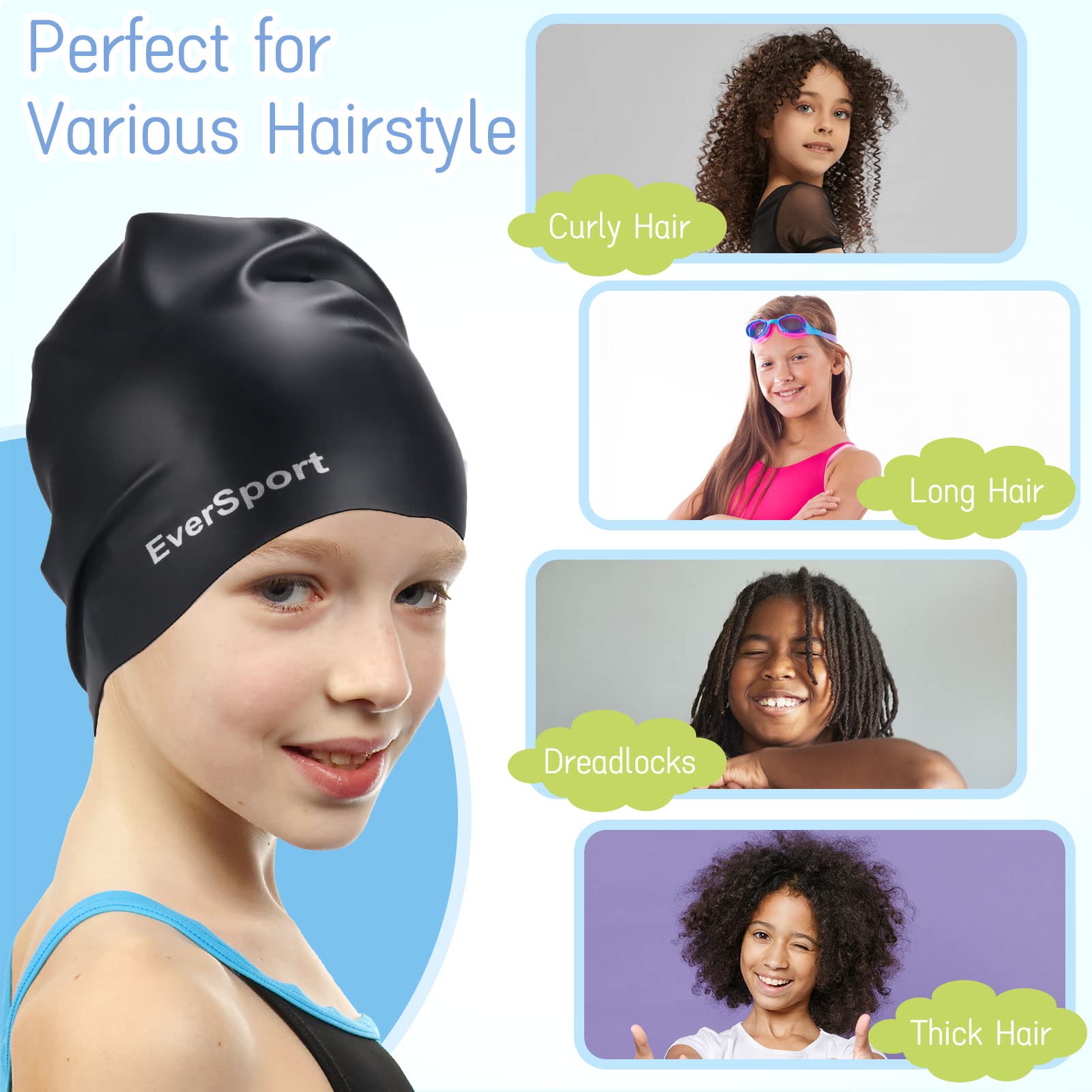 EverSport Kids & Youth Large Swim Cap for Girls 6-14 Years - Silicone Swimming Cap for Long Hair & Braids - Keeps Hair Dry - Perfect for Swimming Lessons, Pool Parties & Beach Activities