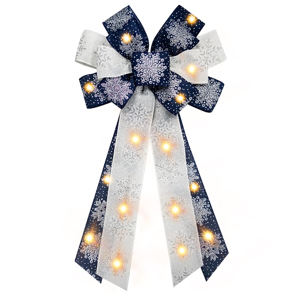 Large LED Christmas Bows for Wreaths - White Snow Burlap Bow with Battery Operated Lights - Perfect for Xmas Tree Topper, Front Door Decor, and Holiday Party Supplies - Ideal for Christmas, New Year, and Winter Celebrations