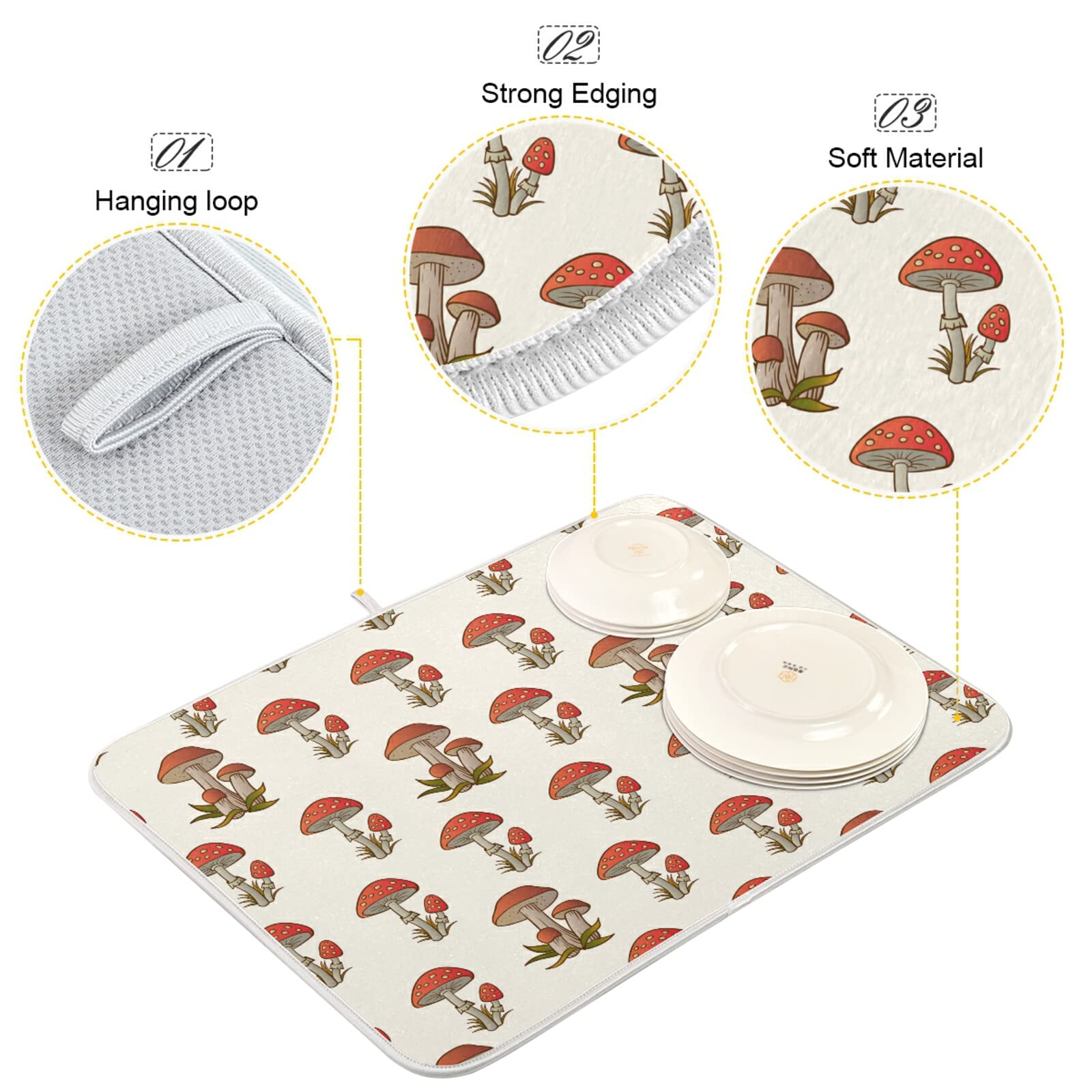 Amanita Red Mushroom Dish Drying Mat 18x24in - Absorbent Kitchen Counter Mat for Coffee Maker & Dishes