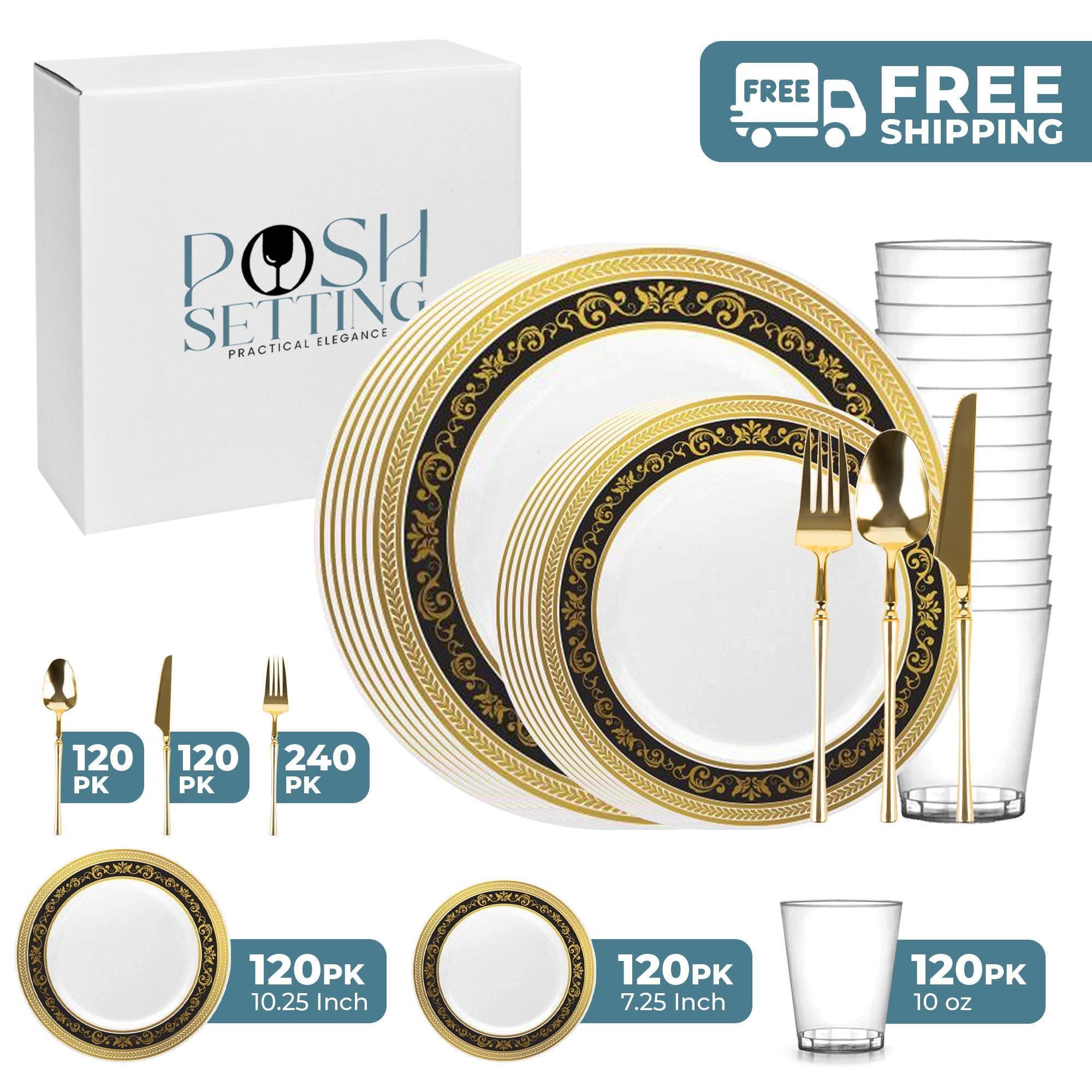 Royal Gold & Black Plastic Party Supplies Bundle - Elegant Disposable Tableware for Weddings, Birthdays & Celebrations