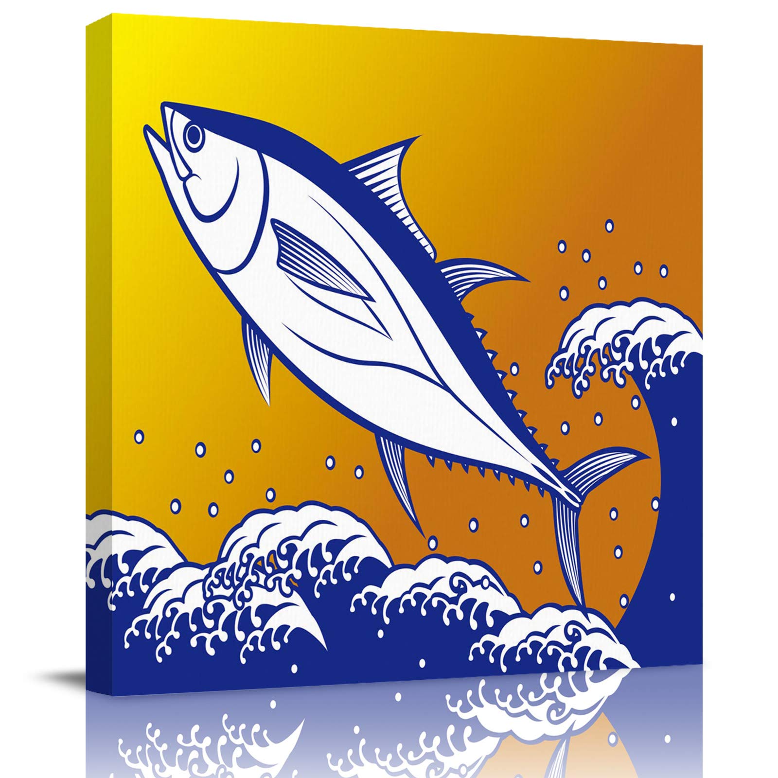 Premium Framed Wall Art - Tuna Jumping Out of Water Oil Painting Print on Wrapped Canvas, 12