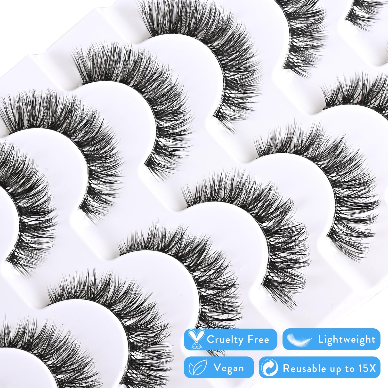 Natural False Eyelashes Set - 8 Pairs Wispy Cat Eye Lashes with Invisible Clear Band, Fluffy Fox Eye Lash Extensions (8-14mm Length) | Perfect for Daily Wear, Parties, Weddings & Special Occasions