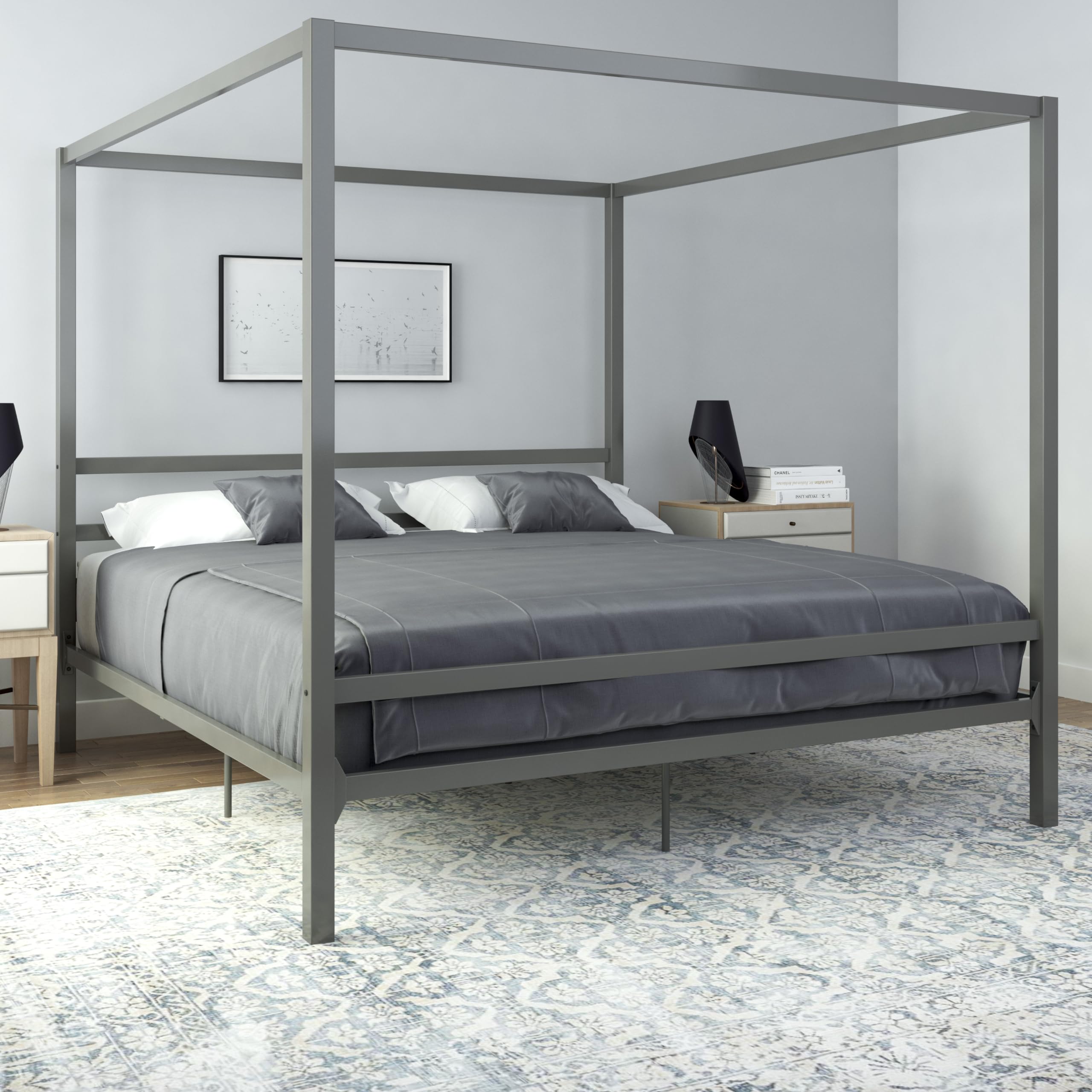 DHP King Metal Canopy Bed Frame - Modern Platform Bed with Built-In Headboard, Sturdy Steel Frame, No Box Spring Needed in Gunmetal Gray - Perfect for Master Bedroom, Guest Room & Modern Home Decor
