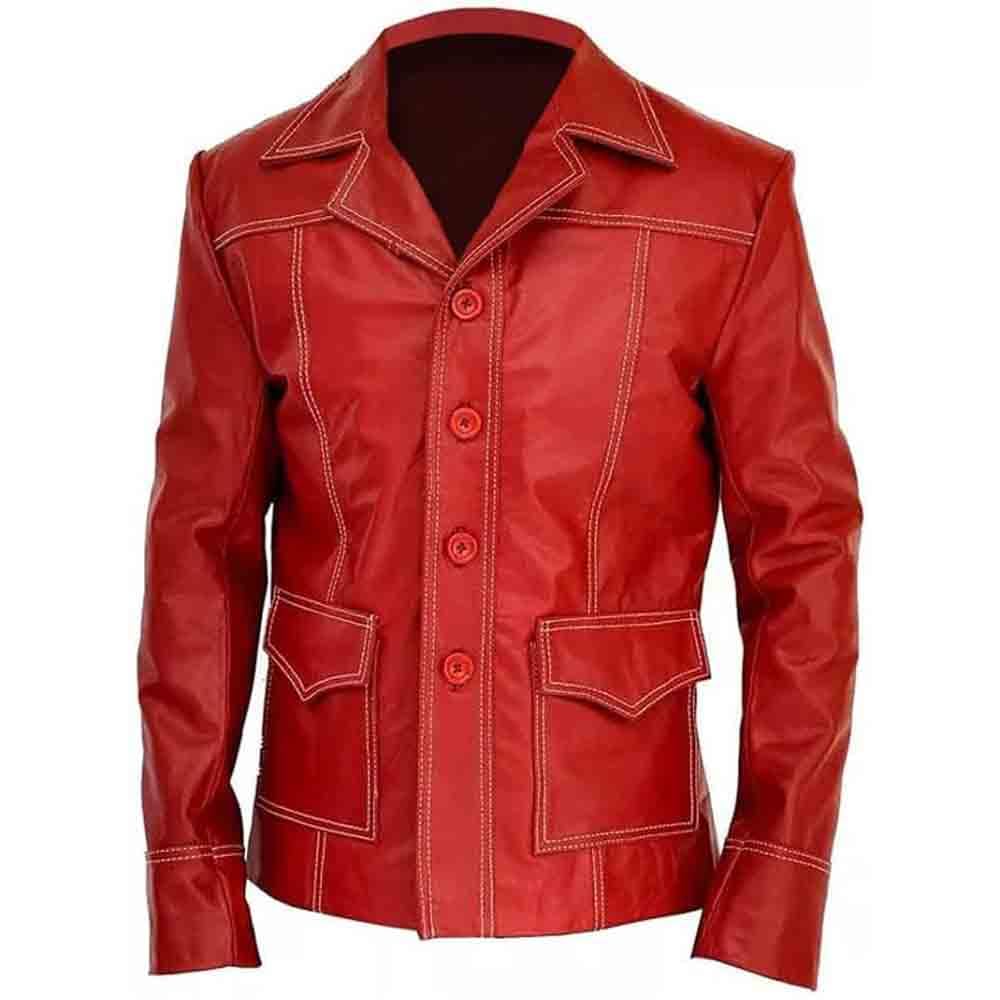 Fight Club Brad Pitt Tyler Durden Red Real Leather Jacket FC Coat - Stylish Movie Replica for Cosplay, Halloween & Streetwear Fashion