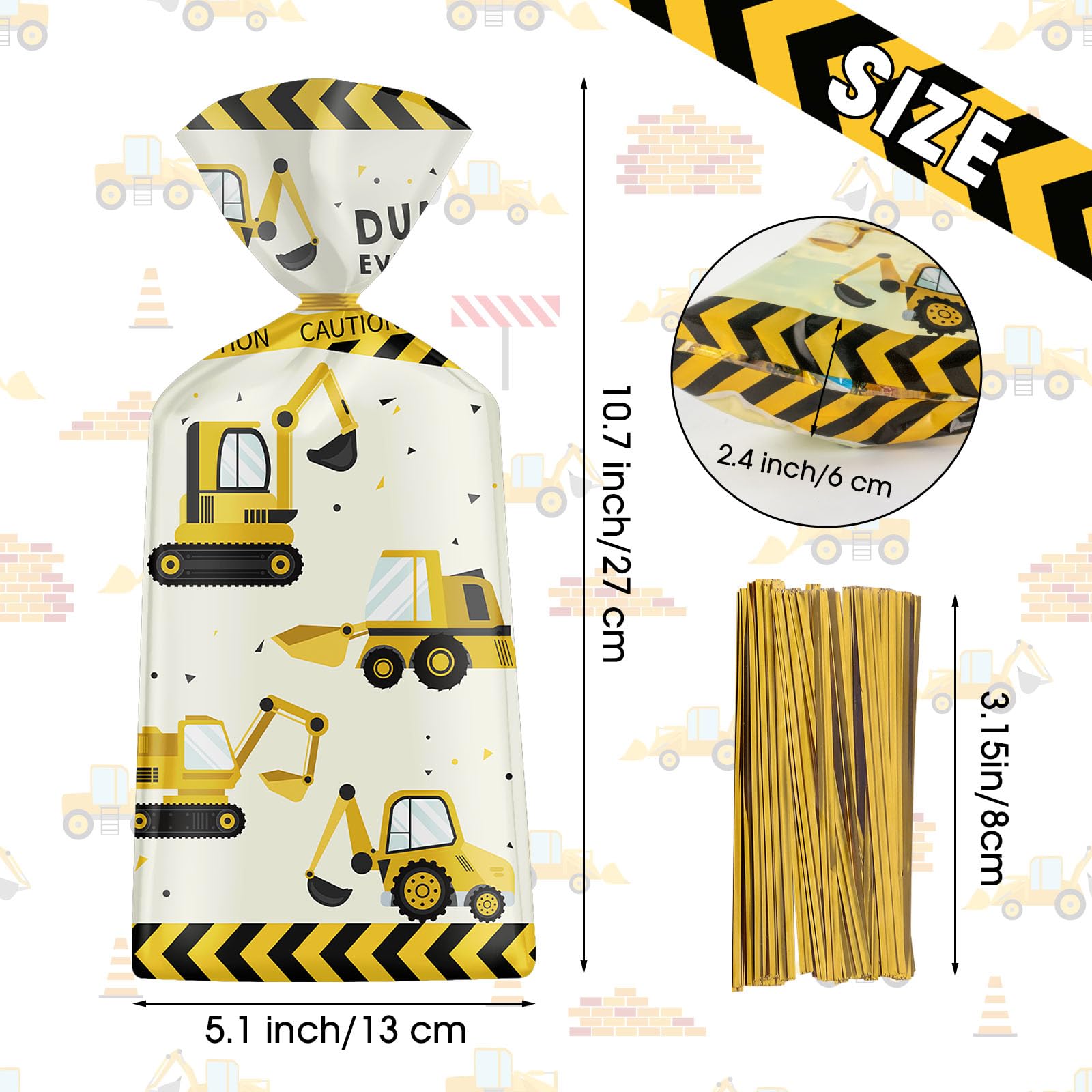 50 Pack Construction Party Favor Bags - Heavy Duty Truck Themed Cellophane Goodie Bags with Gold Twist Ties for Kids Birthday Party, Baby Shower & School Events | Construction Theme Treat Bags for Candy, Snacks & Small Gifts