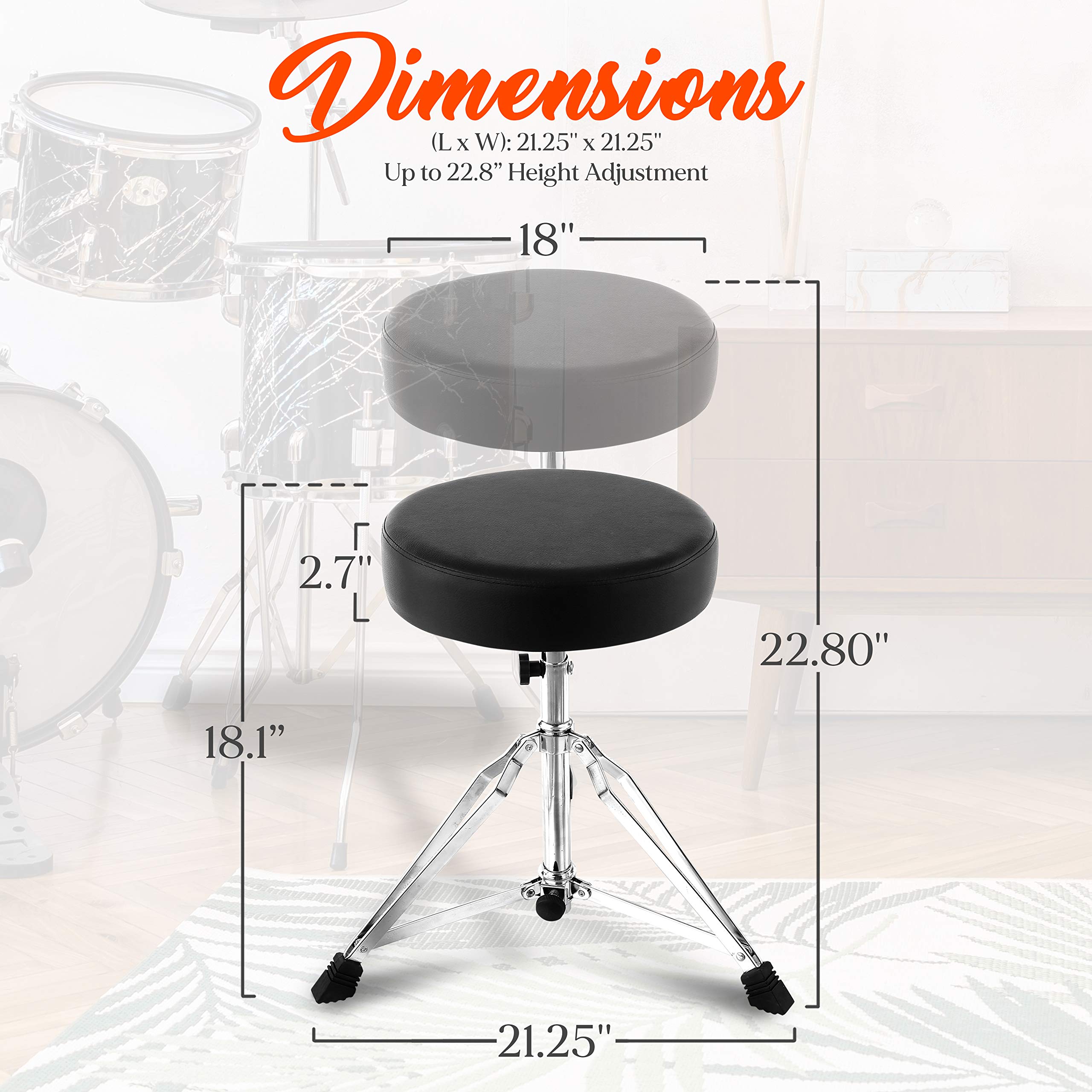 Pyle Adjustable Drum Throne Stool - Heavy Duty Double-Braced Tripod Base, Thick Foam Cushioned Seat, Non-Slip Rubber Feet, Foldable Steel Frame - Perfect for Drummers, Guitarists & Keyboard Players in Studio, Live Performances & Home Practice (21.25